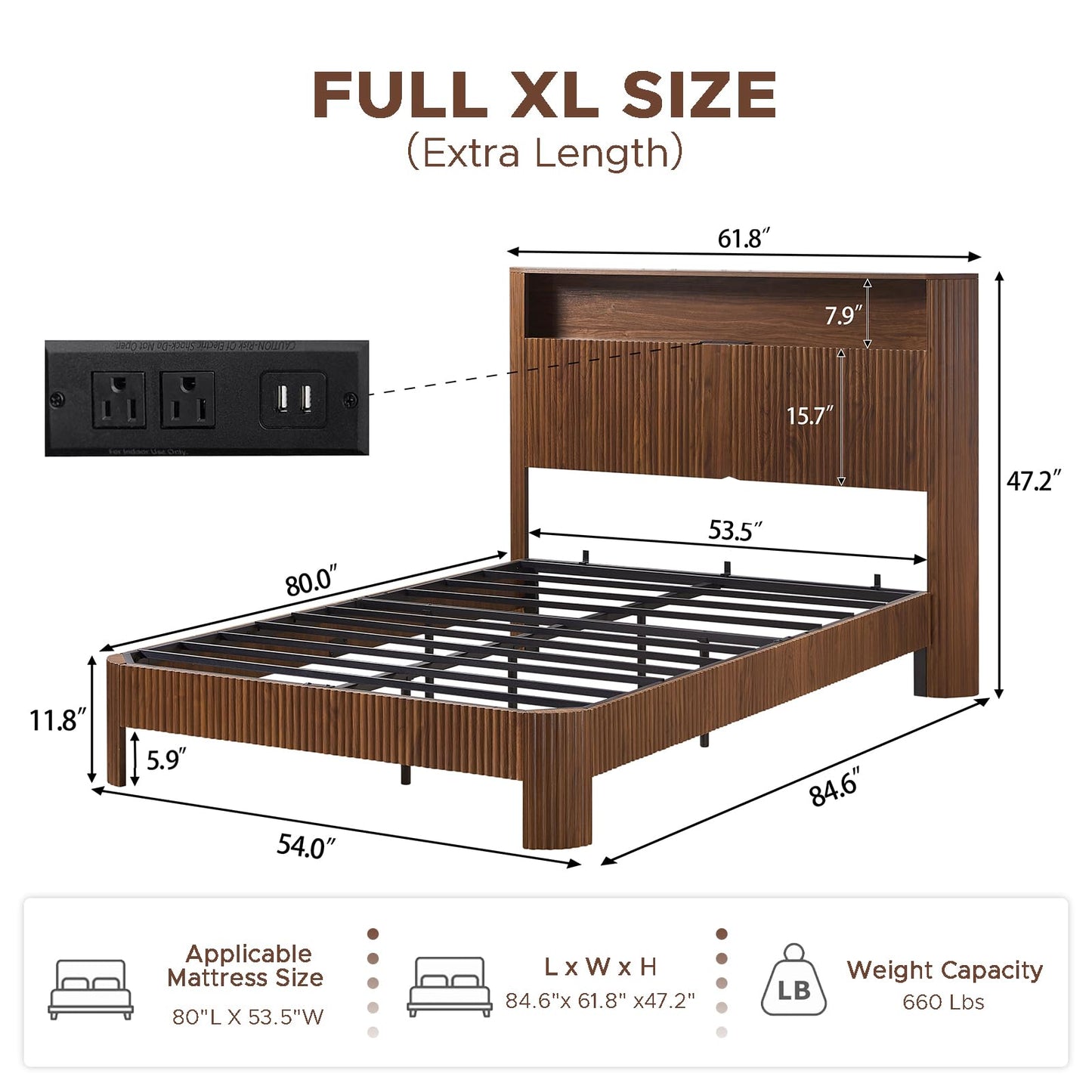 LIMNGZMEENN Full XL Bed Frame with Storage Headboard and Charging Station, Fluted Platform Bed with 2 AC Outlets and 2 USB Ports, Noise-Reducing Metal Support Bed Frame for Bedroom, Walnut