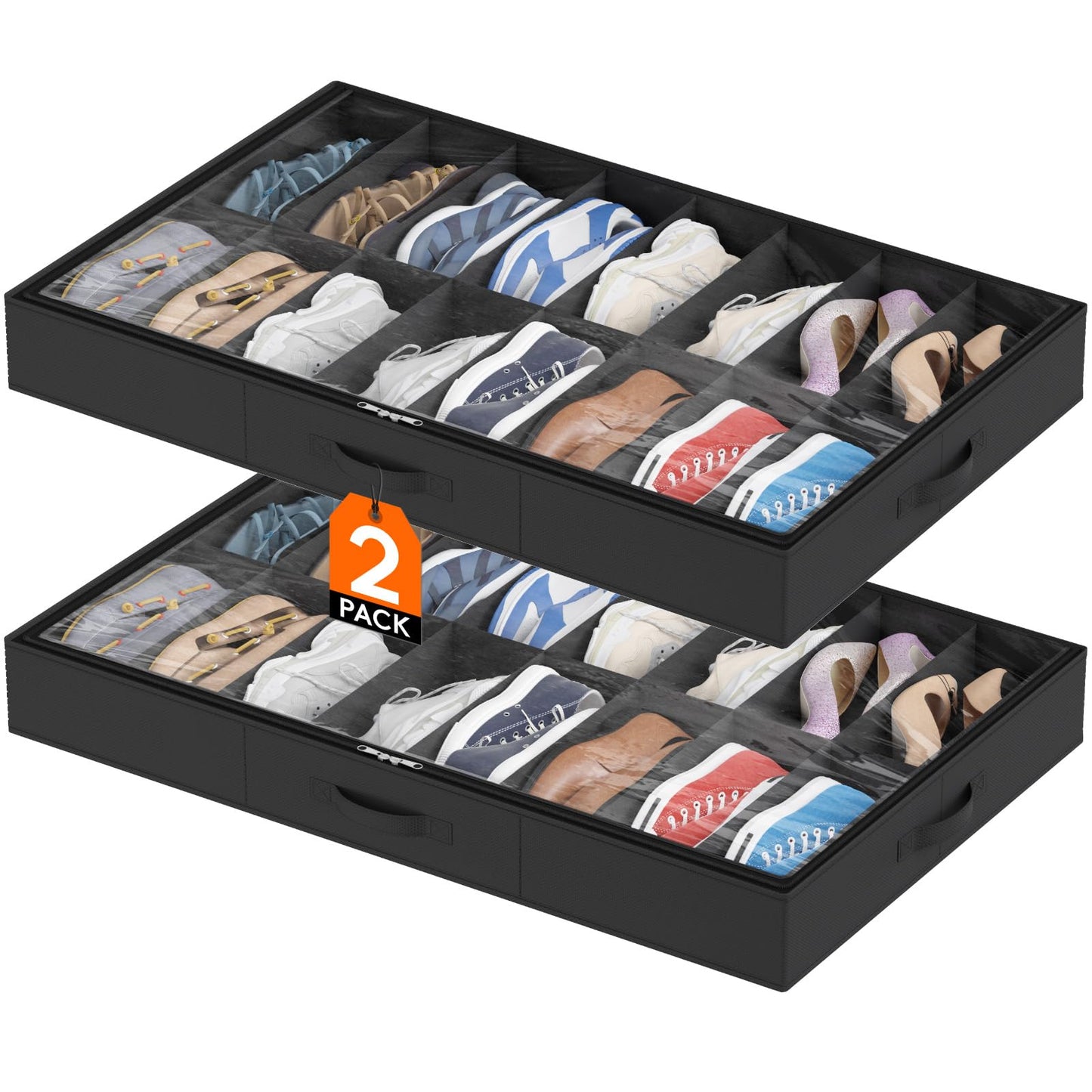 Lifewit Under Bed Shoe Storage Organizer 2 Pack(16 Shoes Cells), 4.3 Inches Profile Fabric Shoes Container Box with Clear Cover, Foldable Storage Bag with 2 Handles, Fits 16 to 32 Pairs