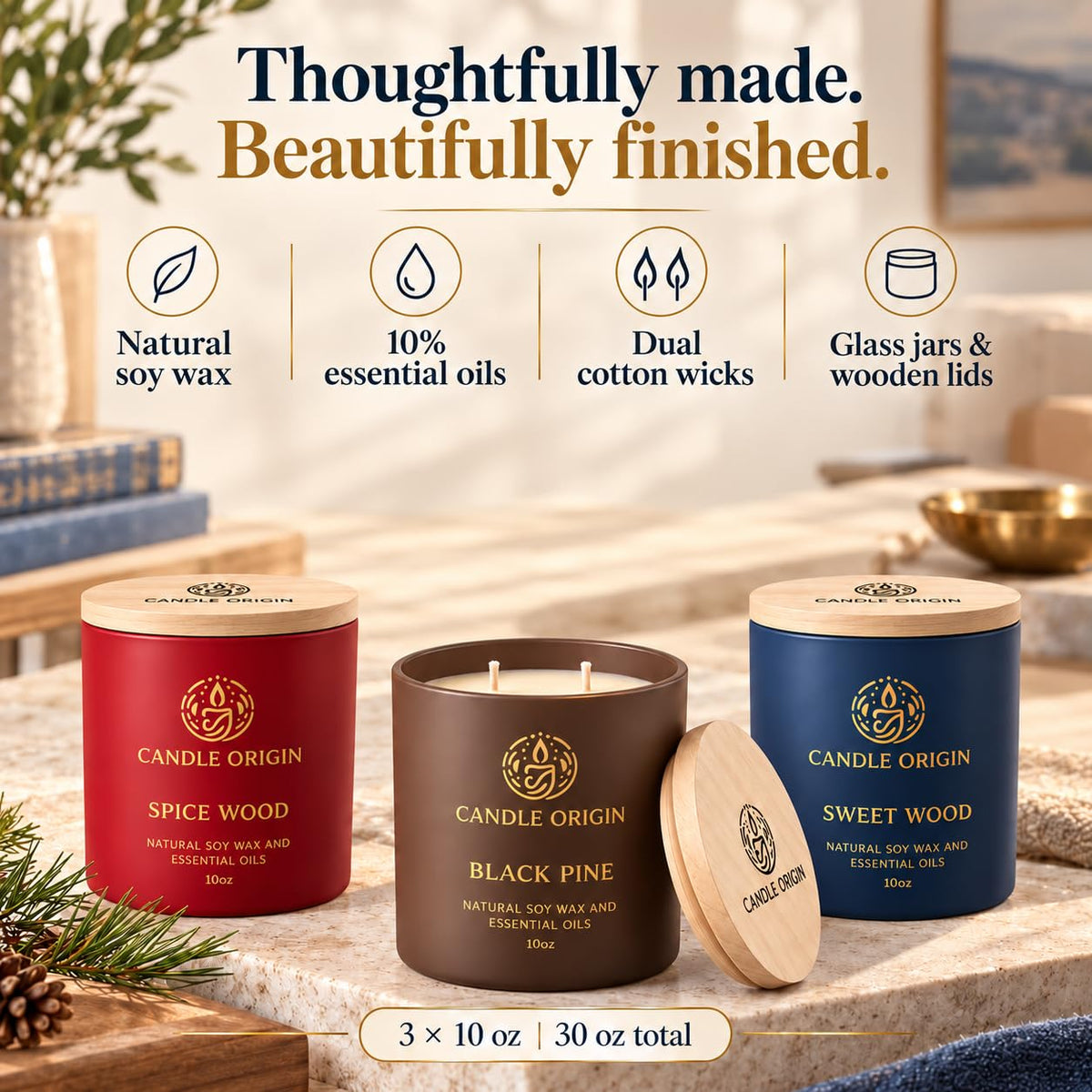 Scented Candles for Men, Premium Gift Set 3x10oz, Strong Long Lasting Soy