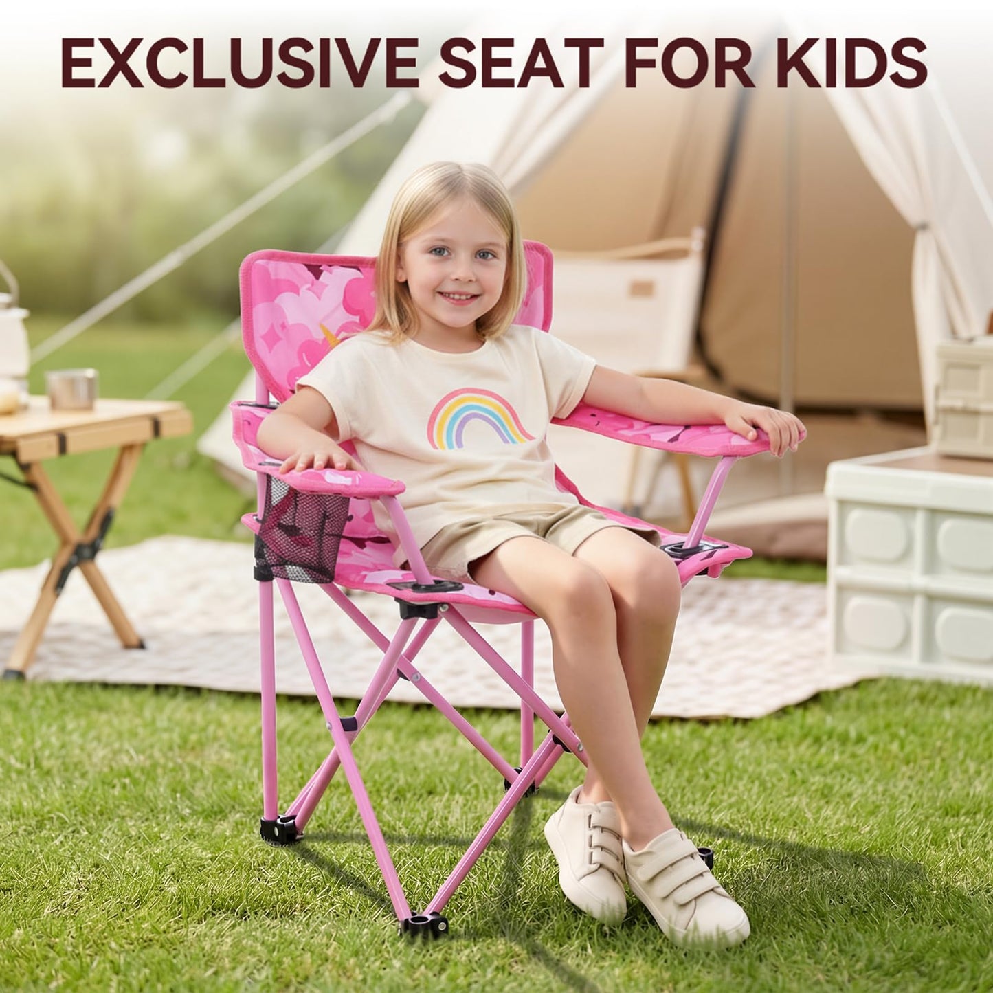 Huskfirm Padded Kids Camping Chair Folding Toddler Chair with Cup Holder & Safety Lock Portable Kids Beach Chair Ages 3-6 for Outdoor Camping Foldable Kids Chair Support 120lbs,Pink Unicorn