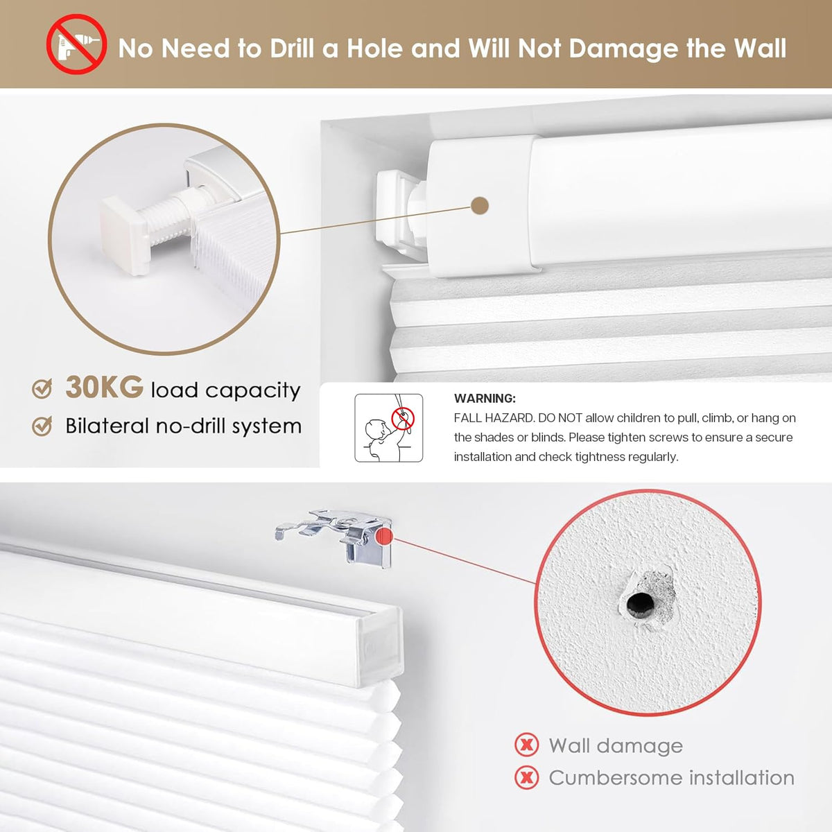 LazBlinds No Drill Cordless Cellular Shades, 22" W x 36" H, White