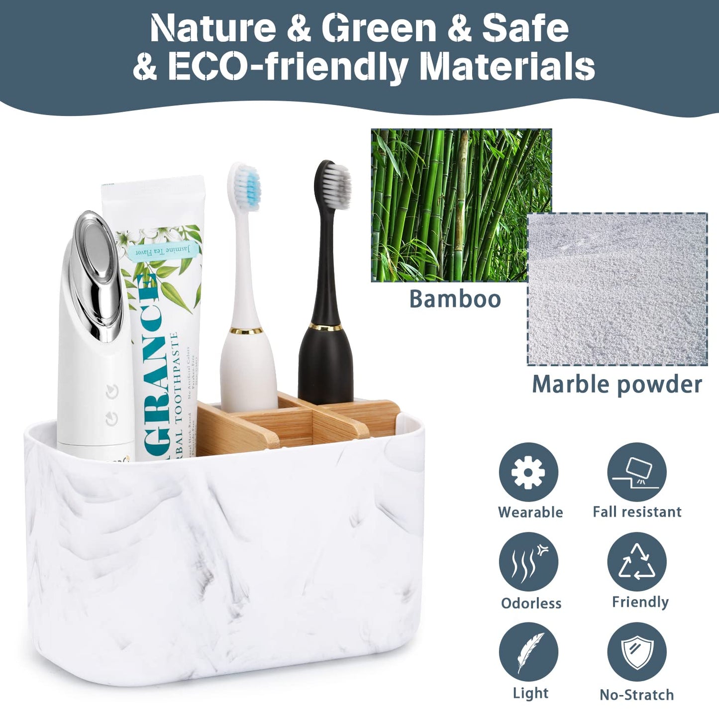 GFWARE Toothbrush Holders for Bathrooms, 5 Slots Bamboo Toothbrush Holder Kids Electric Toothbrush Holder and Toothpaste Holder for Bathroom Countertop Accessories Storage, Marble Toothbrush Organizer
