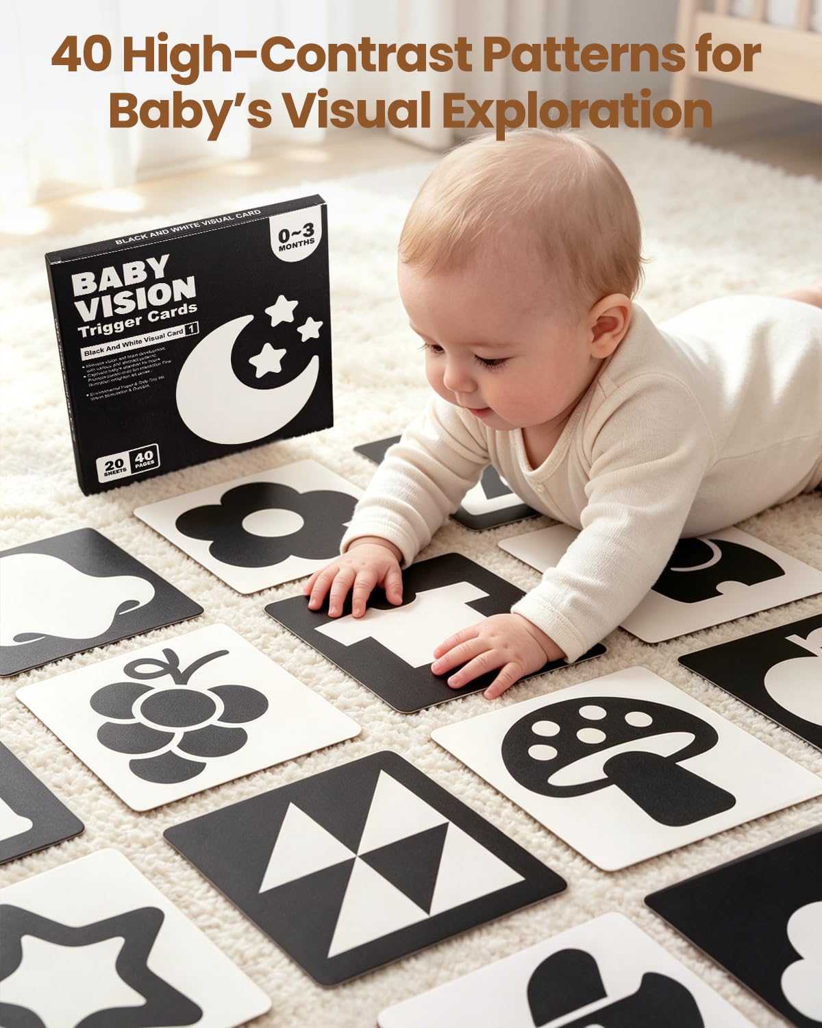 Brezlio Tummy Time Mirror for Baby 0-6 Months, 2-Sided Adjustable Montessori Baby Mirror with 20 Double-Sided High Contrast Cards, Foldable Baby Floor Mirror