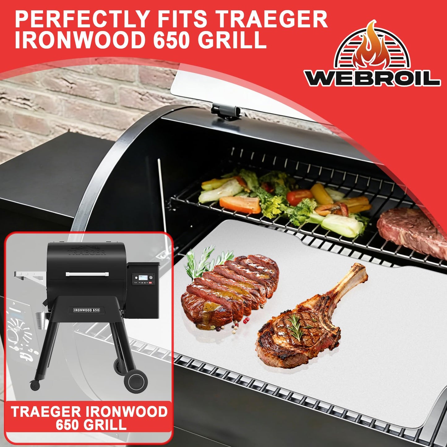 WEBROIL 6 Packs BAC506 Drip Tray Liners for Traeger Ironwood 650 Series Grills, Heat-Resistant Foil Liners for Traeger Pellet Smoker Grill Accessories, Aluminum Tray for Catching Grease 22" x 15.5"