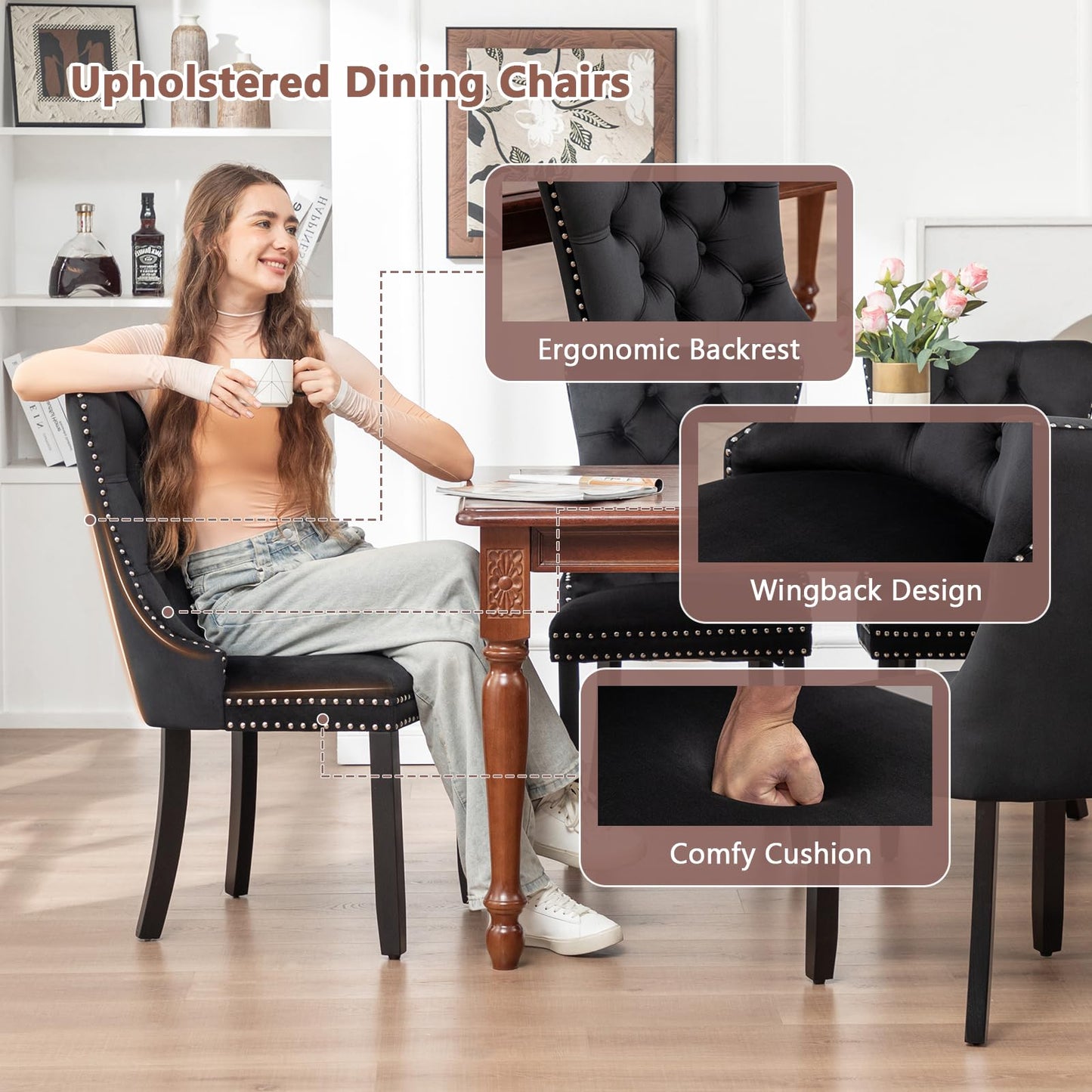 Eifizek Velvet Dining Chairs Set of 4, Upholstered Dining Room Chairs with Nailhead Ring Pull Trim, Button Tufted Dinning Chairs for Dining with Solid Wood Legs for Kitchen Dining Room(Black)