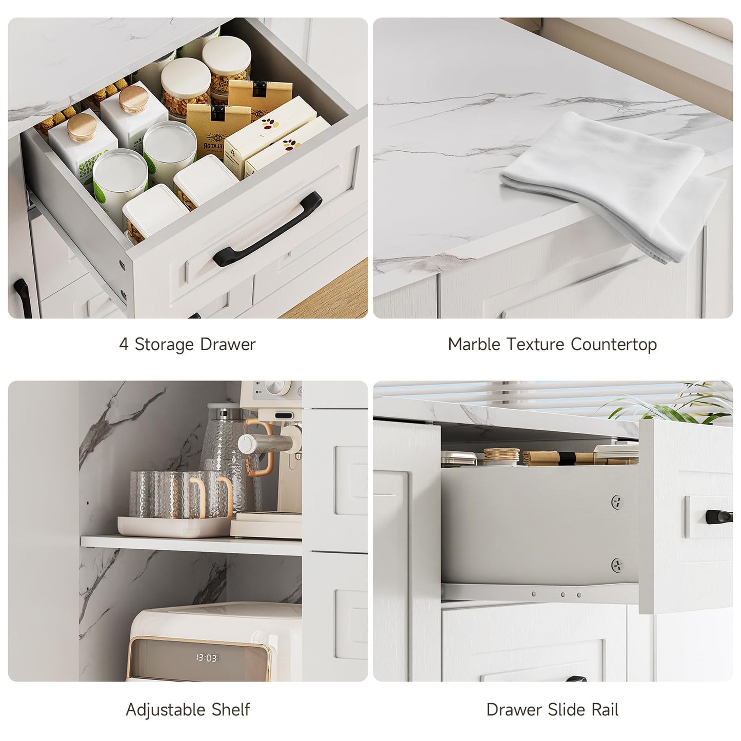 ONBRILL 47.3" Kitchen Island with 2 Storage Cabinets & 4 Drawers, Modern Imitation Marble Dining Table with Power Outlet, Island Bar Table for Kitchen, Dining Room, Living Room, White