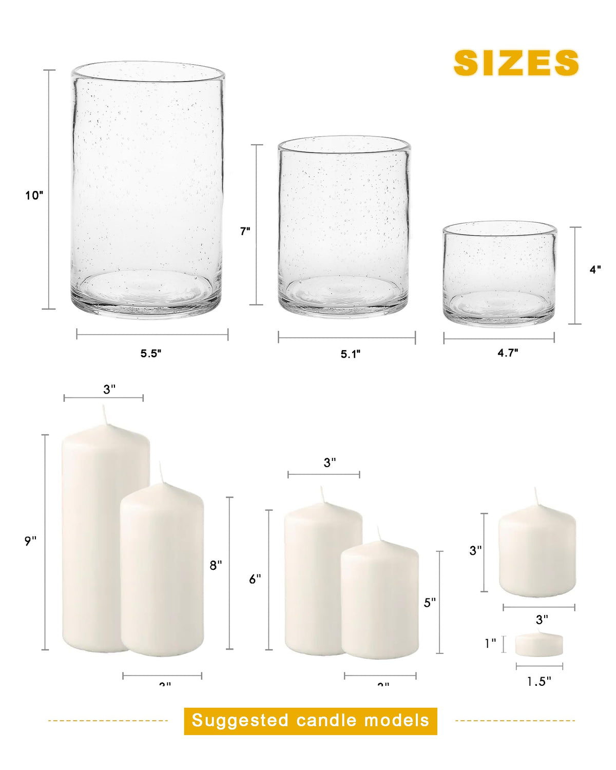 ARIAMOTION Hurricane Candle Holders Glass Cylinders Set of 3 (10" 7" 4")