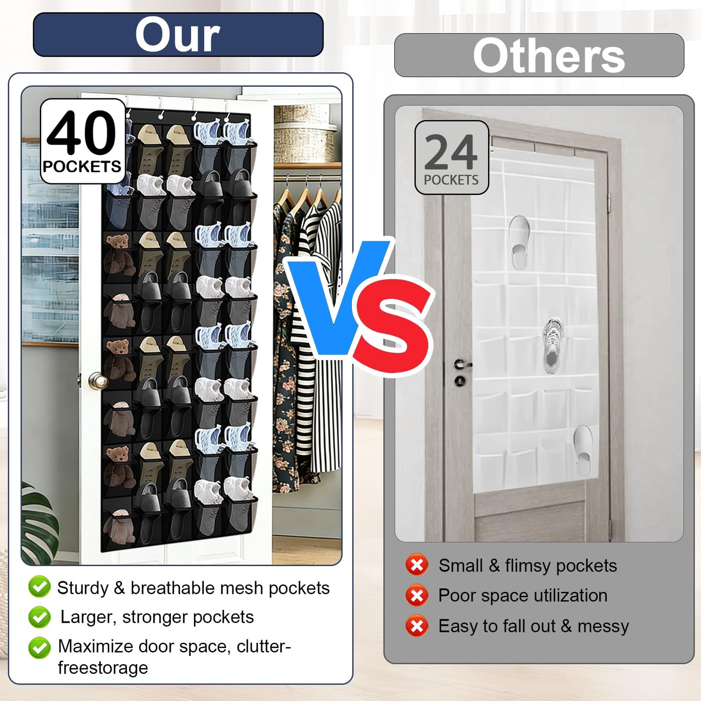 Siolviento Over the Door Shoe Organizer - 40 Large Breathable Mesh Pockets, Space Saving Hanging Shoe Organizer with Metal Hooks, Hanging Shoe Rack for Men's and Women's Shoes (Black)