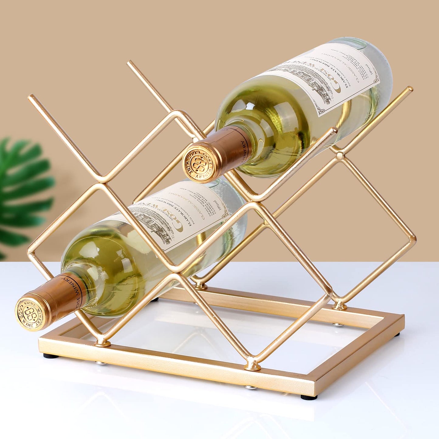 Drincarier Countertop Wine Rack - 5 Bottle Freestanding Modern Gold Metal Small Wine Rack - Tabletop Wine Holder Stand for Cabinet, Pantry, Wine Bottle Storage…