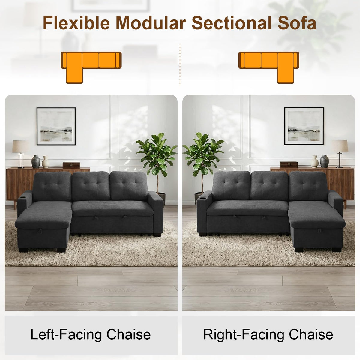 82" L Shaped Sleeper Sofa Bed, Pull Out Sectional Couch with Storage Chaise/Reclining Backrest, Sectional Couches for Living Room with USB Port, Foldable Table, Cup Holder, Side Pocket, Deep Grey