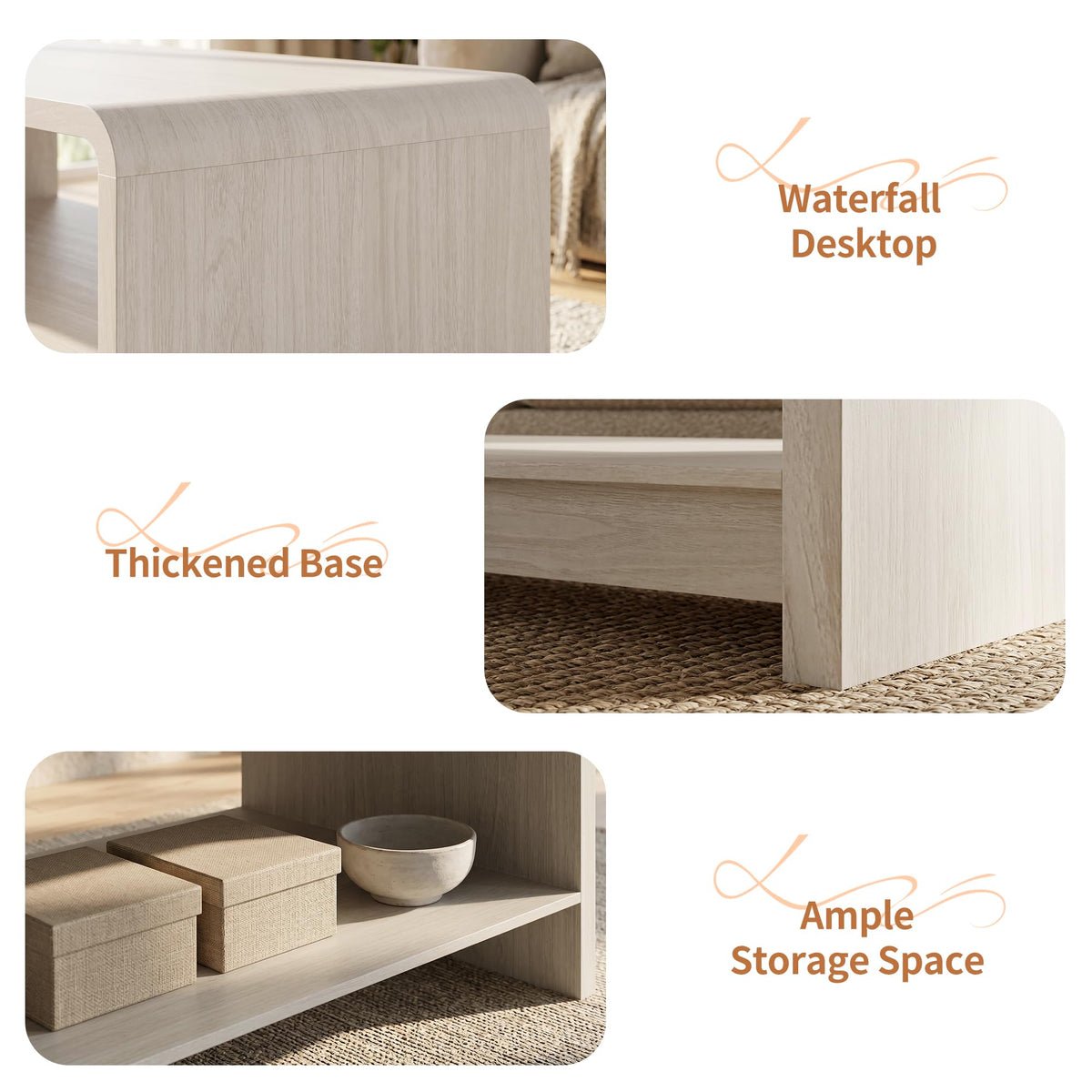 Fatmok 2 Piece Living Room Coffee Table Set, 70" TV Stand with 2 Drawer and 48" Coffee Table with Open Storage Shelf, Modern Curved Wooden Furniture for Living Room,White Wood Grain