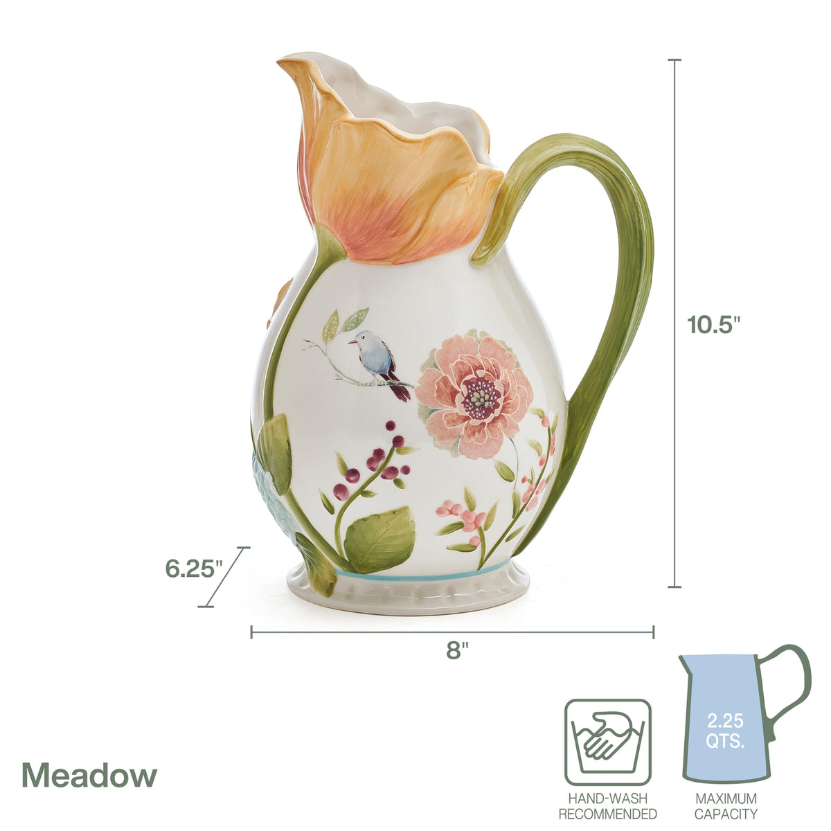 Fitz and Floyd Meadow Floral Pitcher Vase, 2.5 Quart