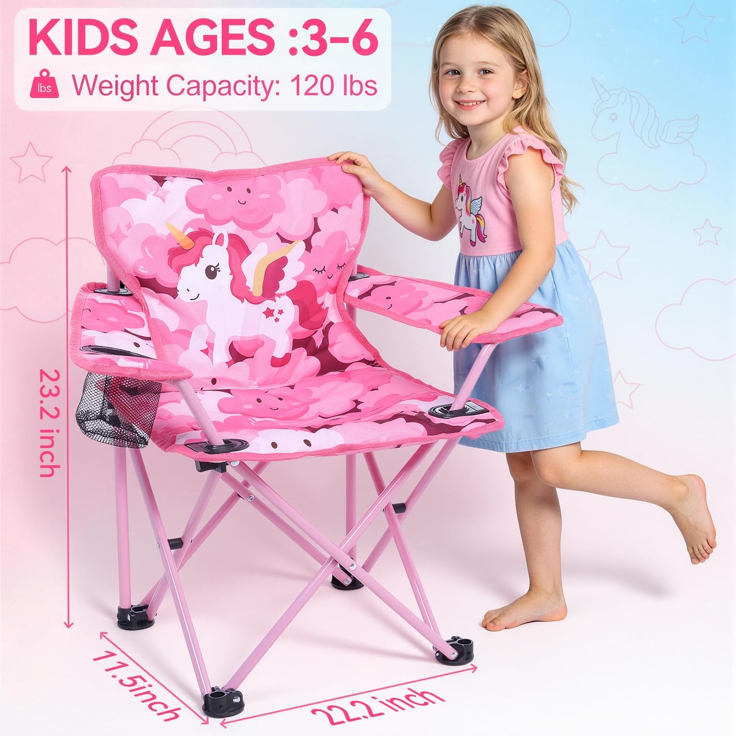 Huskfirm Padded Kids Camping Chair Folding Toddler Chair with Cup Holder & Safety Lock Portable Kids Beach Chair Ages 3-6 for Outdoor Camping Foldable Kids Chair Support 120lbs,Pink Unicorn