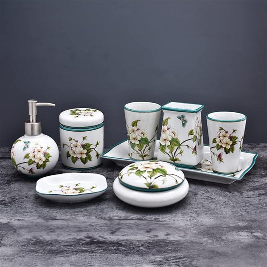 Bathroom Accessories Necessities Kit,Includes Ceramic Tray Toothbrush Holder Tooth Mug*2 Lotion Dispenser Soap Dish Storage Cartridge & Lid Powder Box (Size : A)