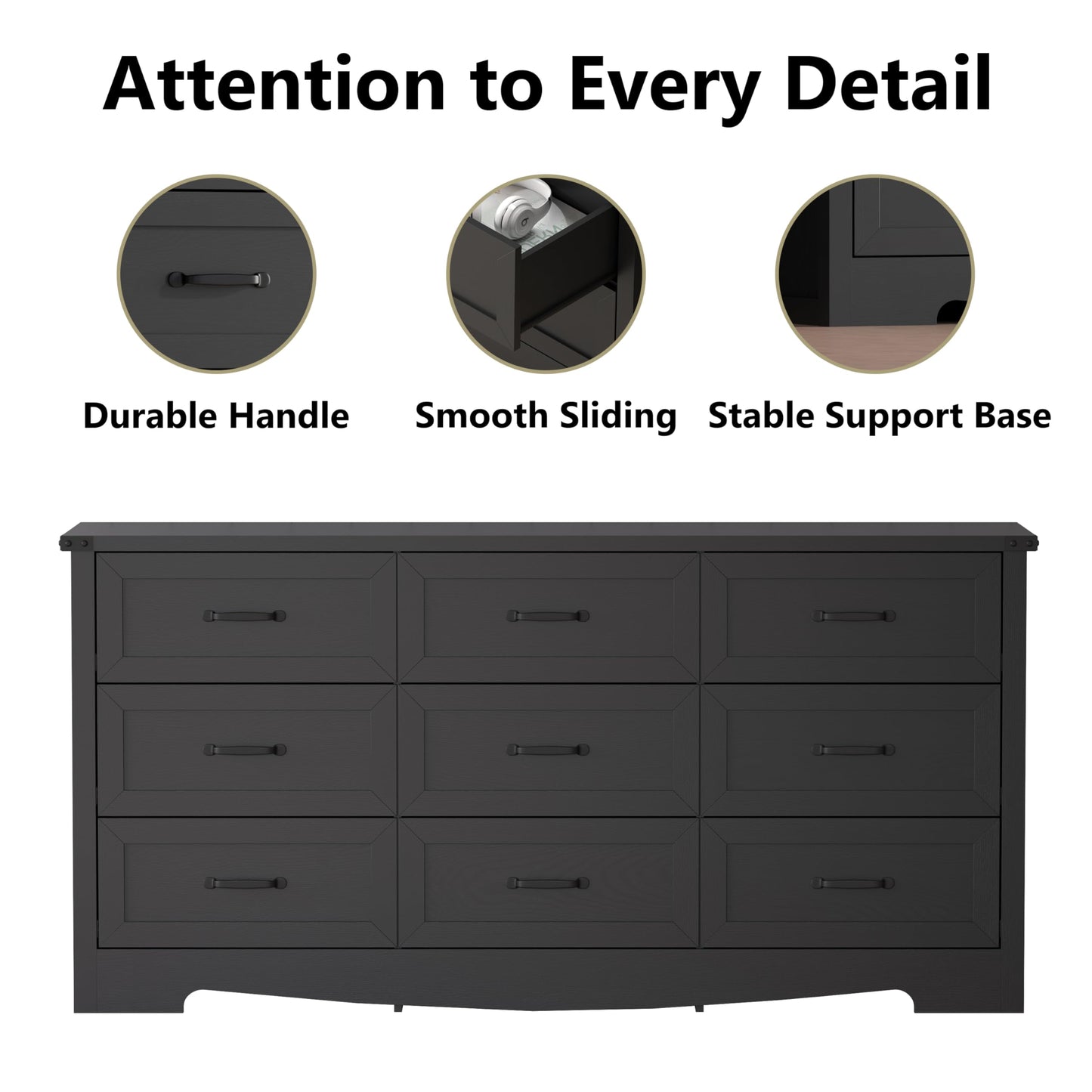 Thacuok Black Dresser for Bedroom, 59'' Wide Chest of Drawers with Natural Wood Texture, 9 Drawer Dresser for Closet with Metal Handles, Sleek Storage Solution for Living Room, Office, Hallway