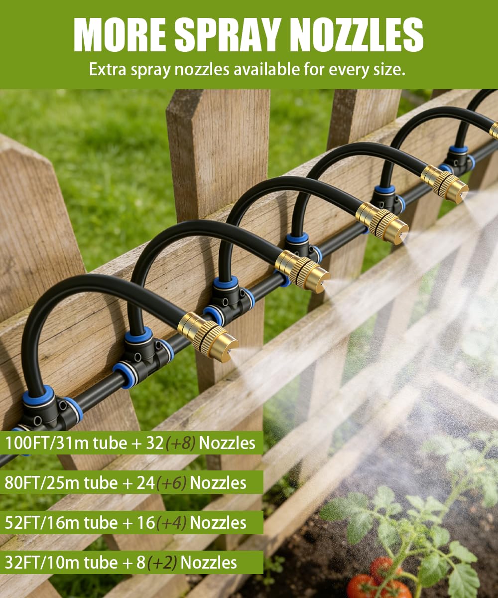 80FT 5/16" Misting Irrigation System for Garden with 30 Adjustable Nozzles