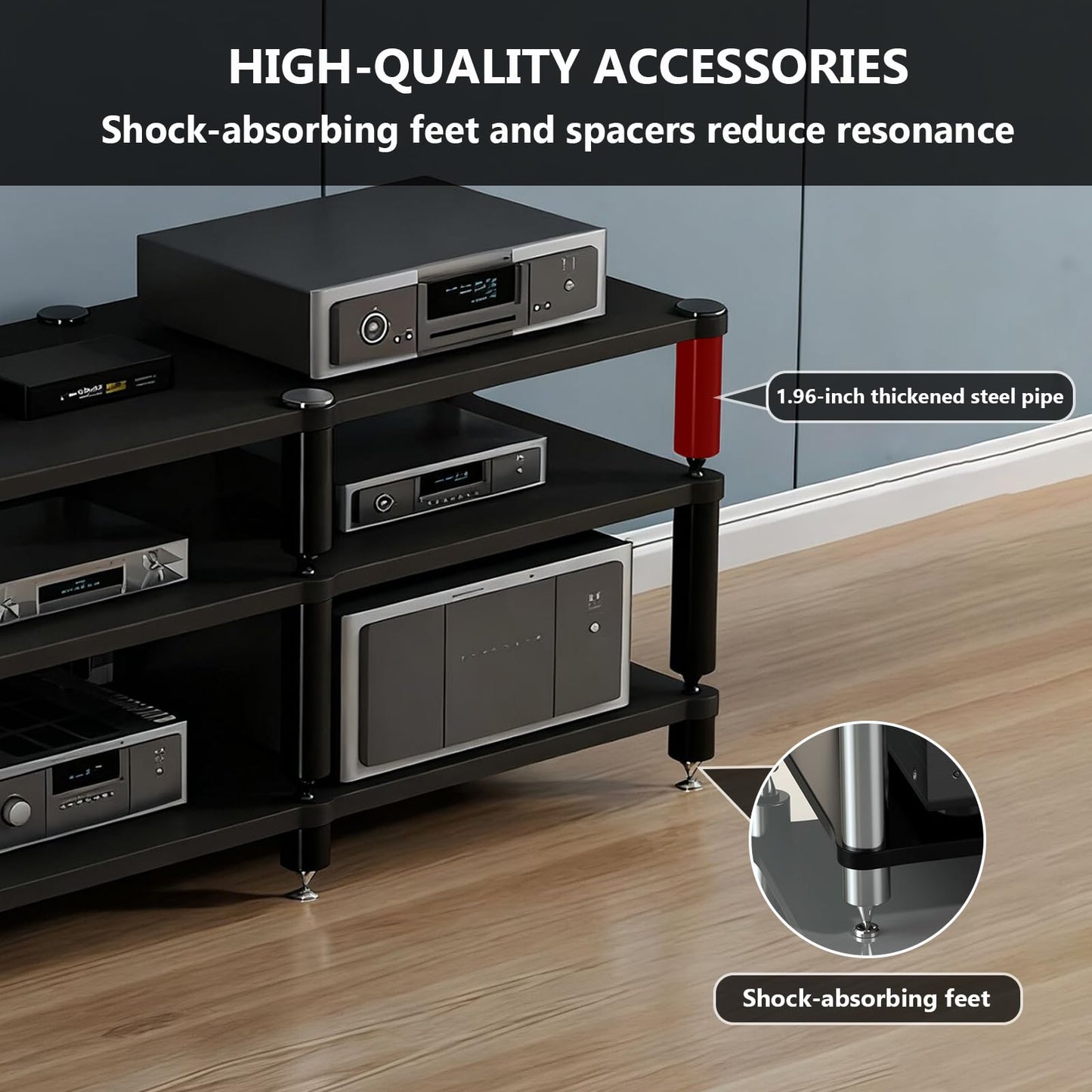 RAJYQODIS Heavy Duty AV Media Stand, Multifunctional Stacking Audio Component Rack with Shock-Absorbing Foot pegs, Audio Stand for Home Theater Studio (Teak, Third Floor)