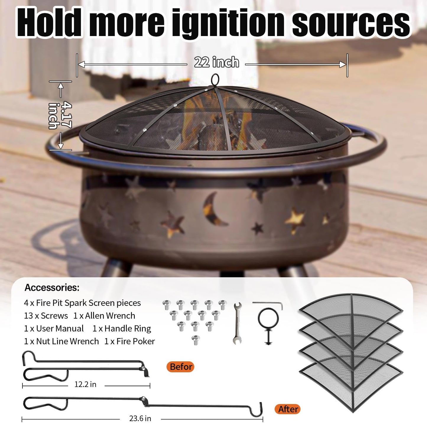 TUSGENK RAY Fire Pit Spark Screen, 22 Inch with Handle & Poker