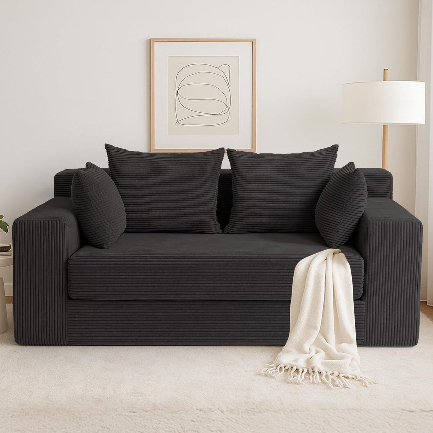 cidludto Convertible Sofa Bed, Boneless Loveseat Folding Couch Bed Foldable - 3 in 1 Small Ccouch & Futon Sofa Bed, Corduroy Pull Out Couch with 4 Pillows for Living Room, Black