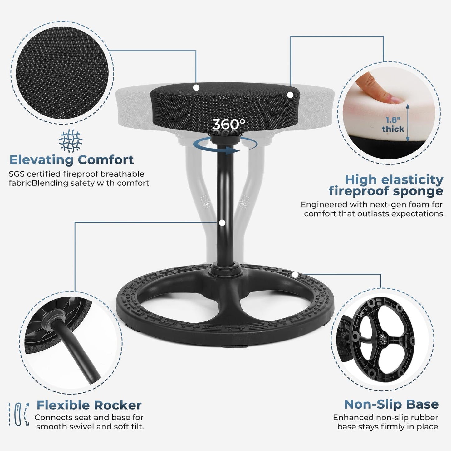 beyond SMART Fitness Seat, ADHD Chair Stool, Stability, Balance, Yoga, Ergonomic Health Stool with Non-Slip Base and Washable Seat Cover - Black (Black, 19″)