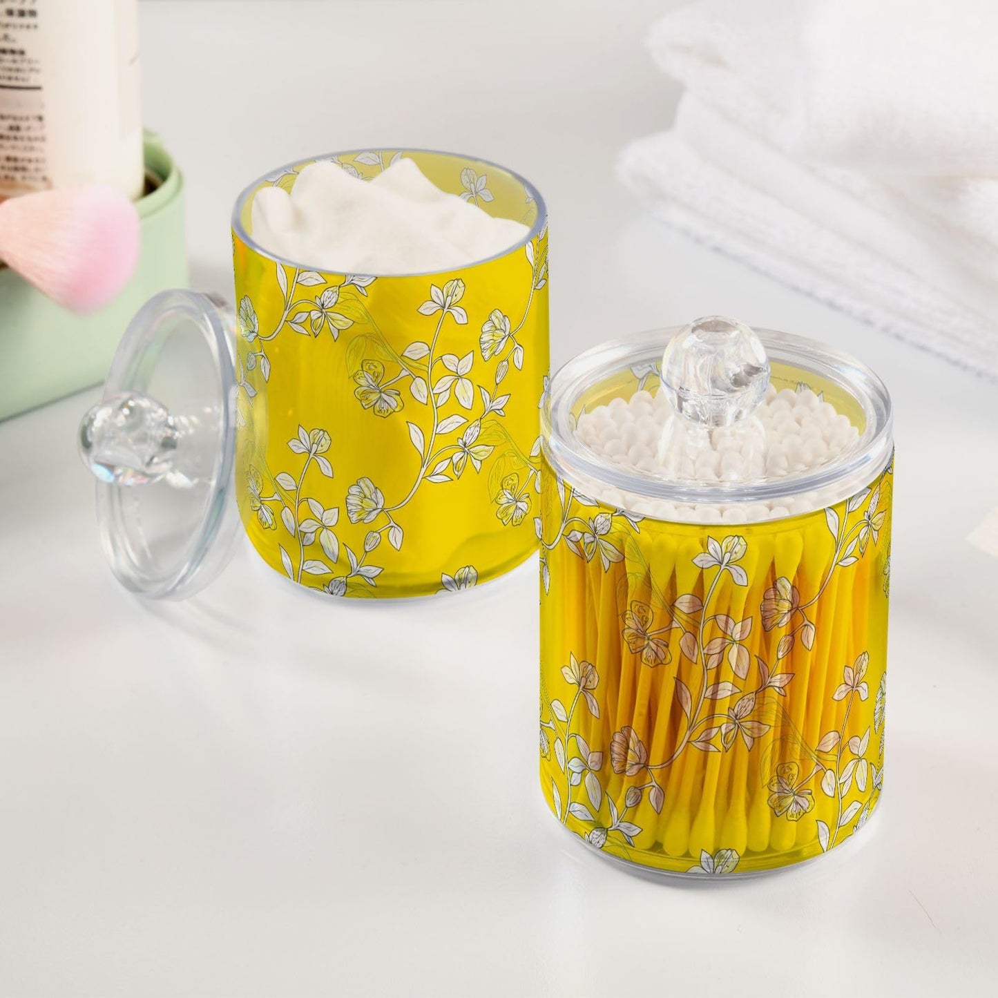 DUOBU Elegant Flowers 4 Pack Plastic Storage Jar, Qtip Holder Storage Canister with Lid, Storage and Organization, Bathroom Canisters for Organizing Cotton Balls, Floss