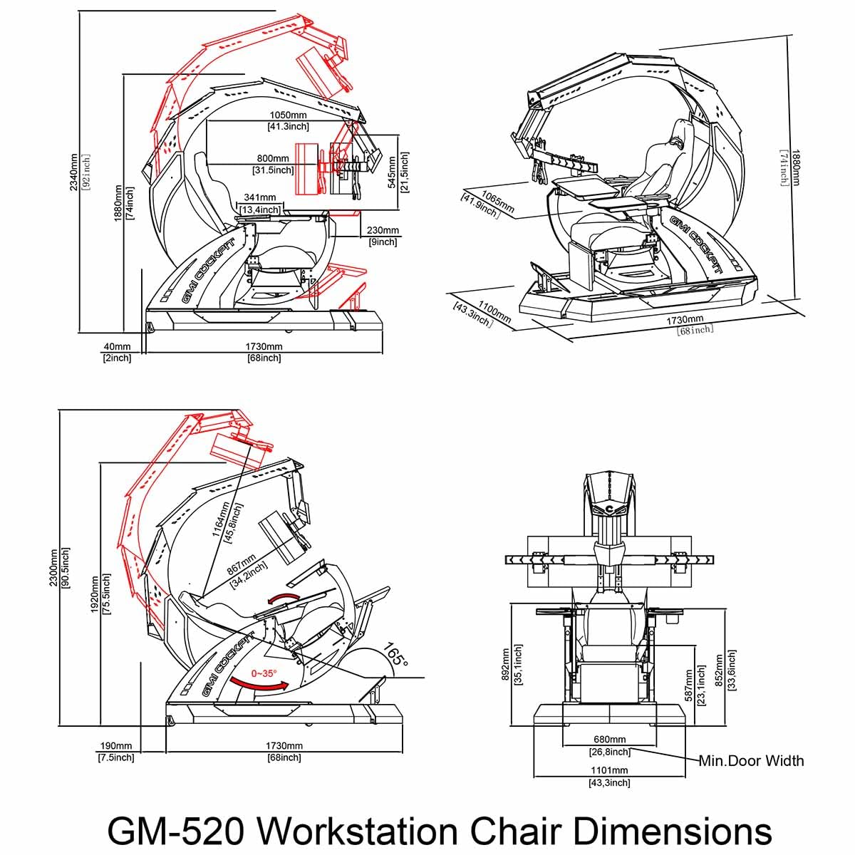 GIMI COCKPIT Imperator GM-520 Zero Gravity Reclining Workstation Computer Gaming Chair Gaming Cockpit for Works, Office (5-Monitor Brackets, White)