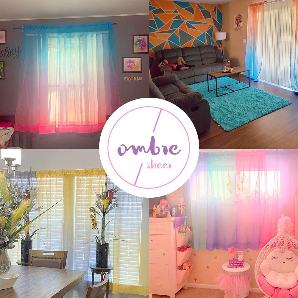 Yancorp Sheer Curtain Semi Bedroom Curtains 63 inches Length Linen Pink Blue Ombre Curtains Rod Pocket Drapes Girls Living Room Mermaid Bedroom Nursery Kids Window Decor, 1 Panel(Pink Blue, 40"x63")