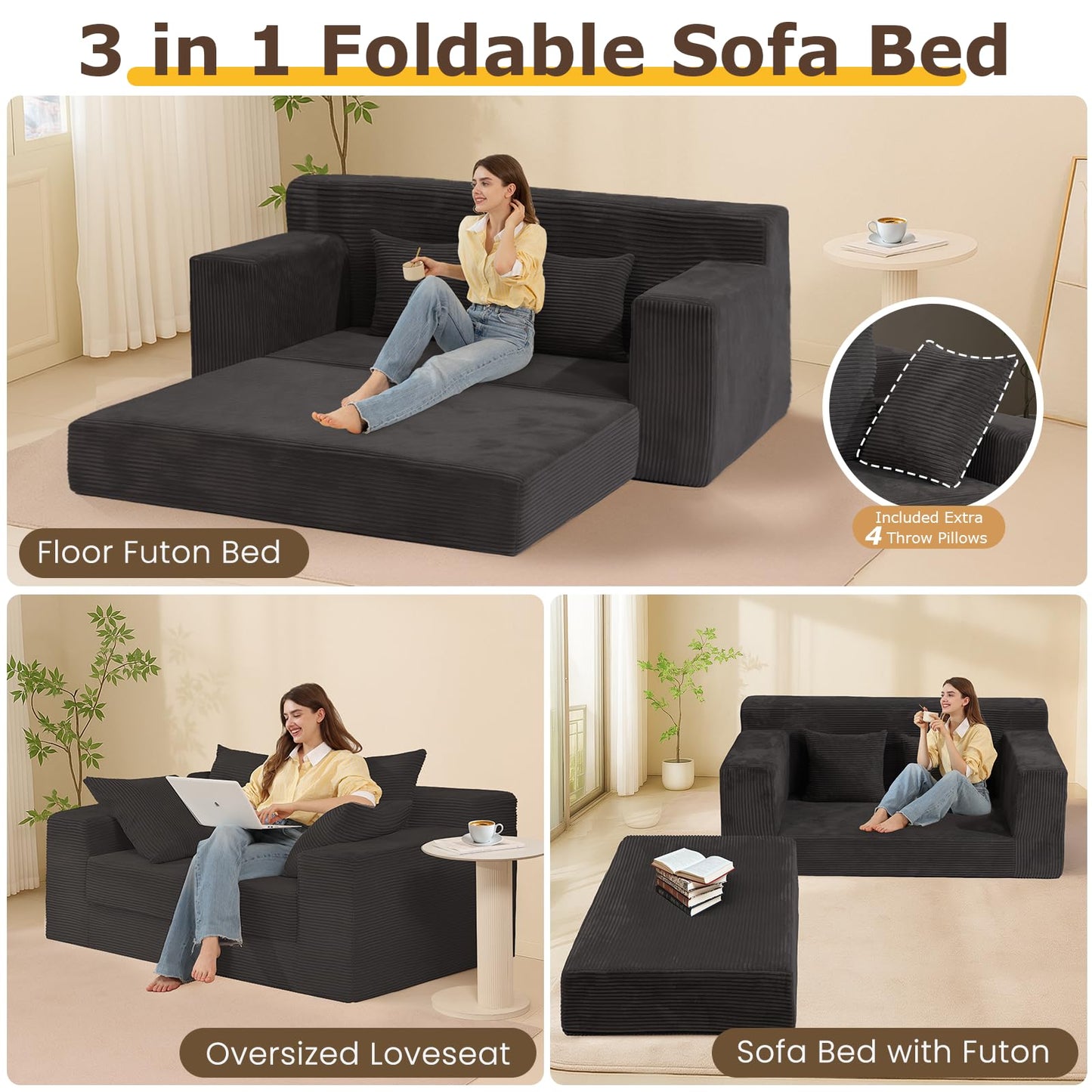 cidludto Convertible Sofa Bed, Boneless Loveseat Folding Couch Bed Foldable - 3 in 1 Small Ccouch & Futon Sofa Bed, Corduroy Pull Out Couch with 4 Pillows for Living Room, Black
