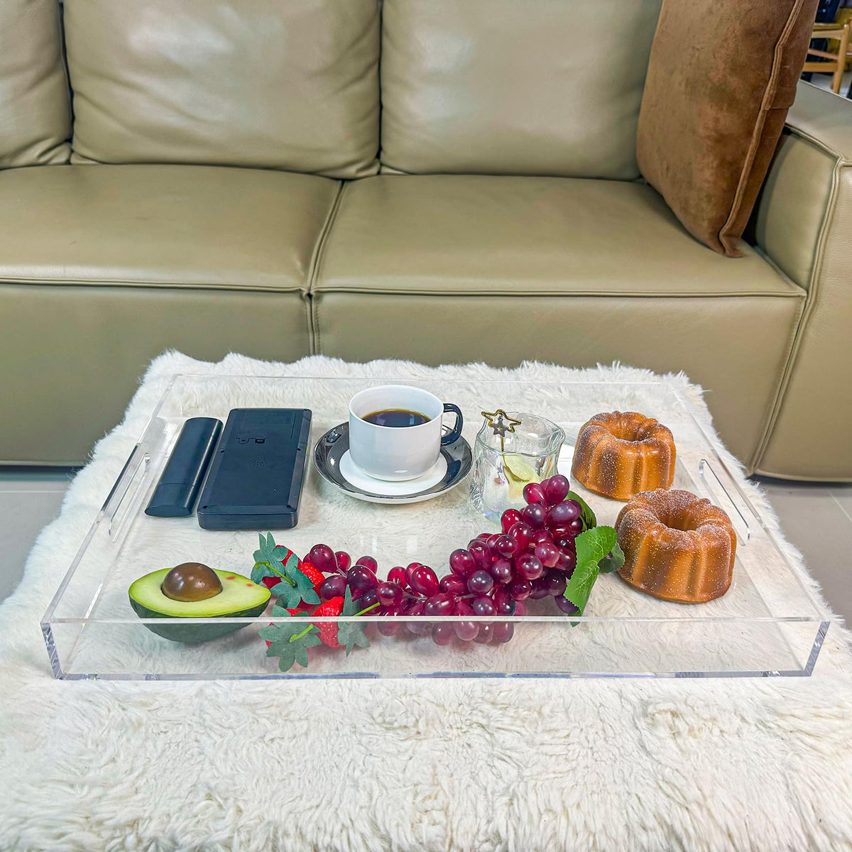 Clear Rectangular 14x20 Inches Acrylic Ottoman Tray Decorative Serving Tray with Cutout Handles Organizer Tray on Coffee Table Countertop Big Breakfast Bed Tray Living Room Appetizer Serving Food