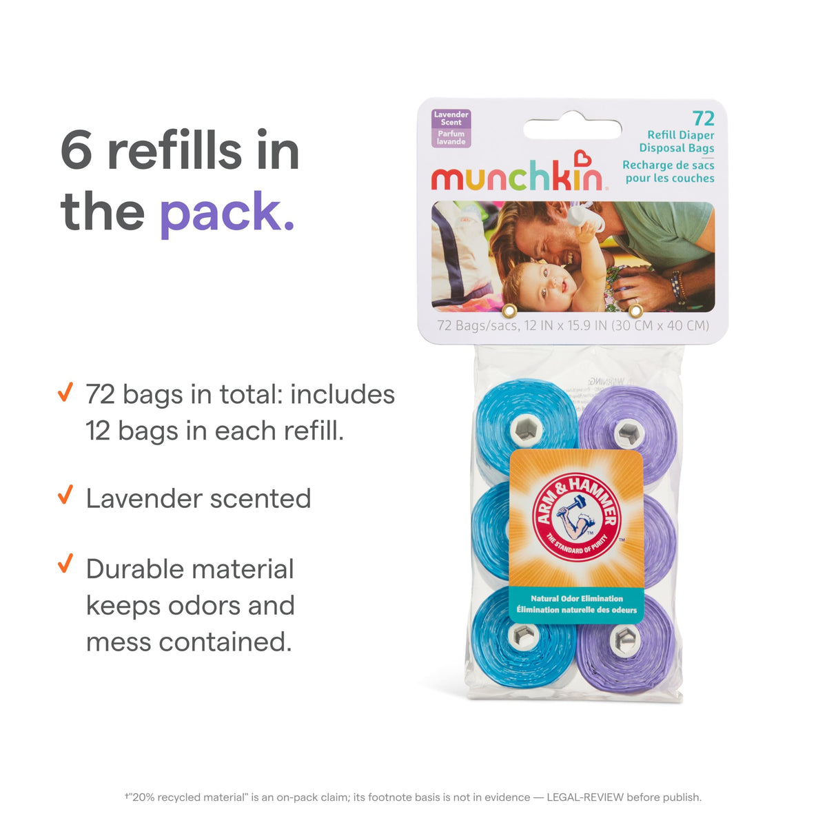 Munchkin Arm & Hammer Diaper Bag Refills, Lavender Scent, 72 Bags