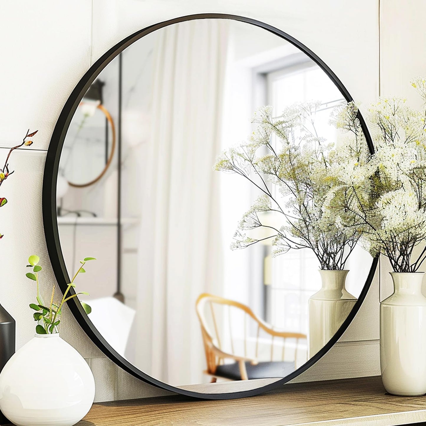 Sunniry Black Round Mirror, Round Mirror 24 inch, Matte Black Metal Frame