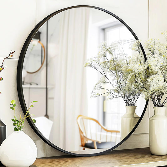 Sunniry Black Round Mirror, Round Mirror 24 inch, Matte Black Metal Frame