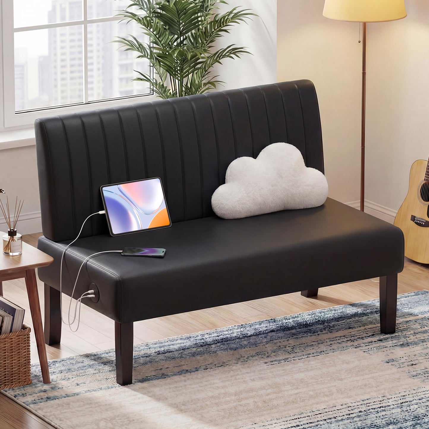 STHOUYN 43" W Mini Small Black Leather Couch Armless Loveseat Sofa for Bedroom with USB Port, Small Couches for SmallSpaces Living Room, Apartment Office Dorm (Black)