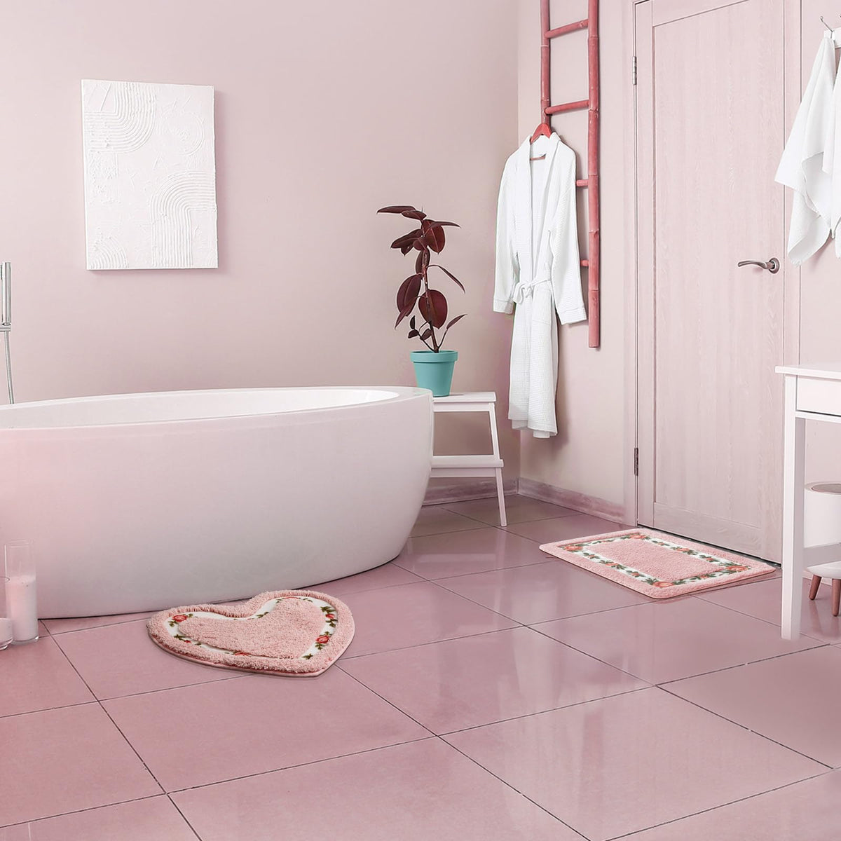 Drydiet 3 Pcs Floral Bathroom Rugs Set, Pink Non Slip Bath Mats, Pink