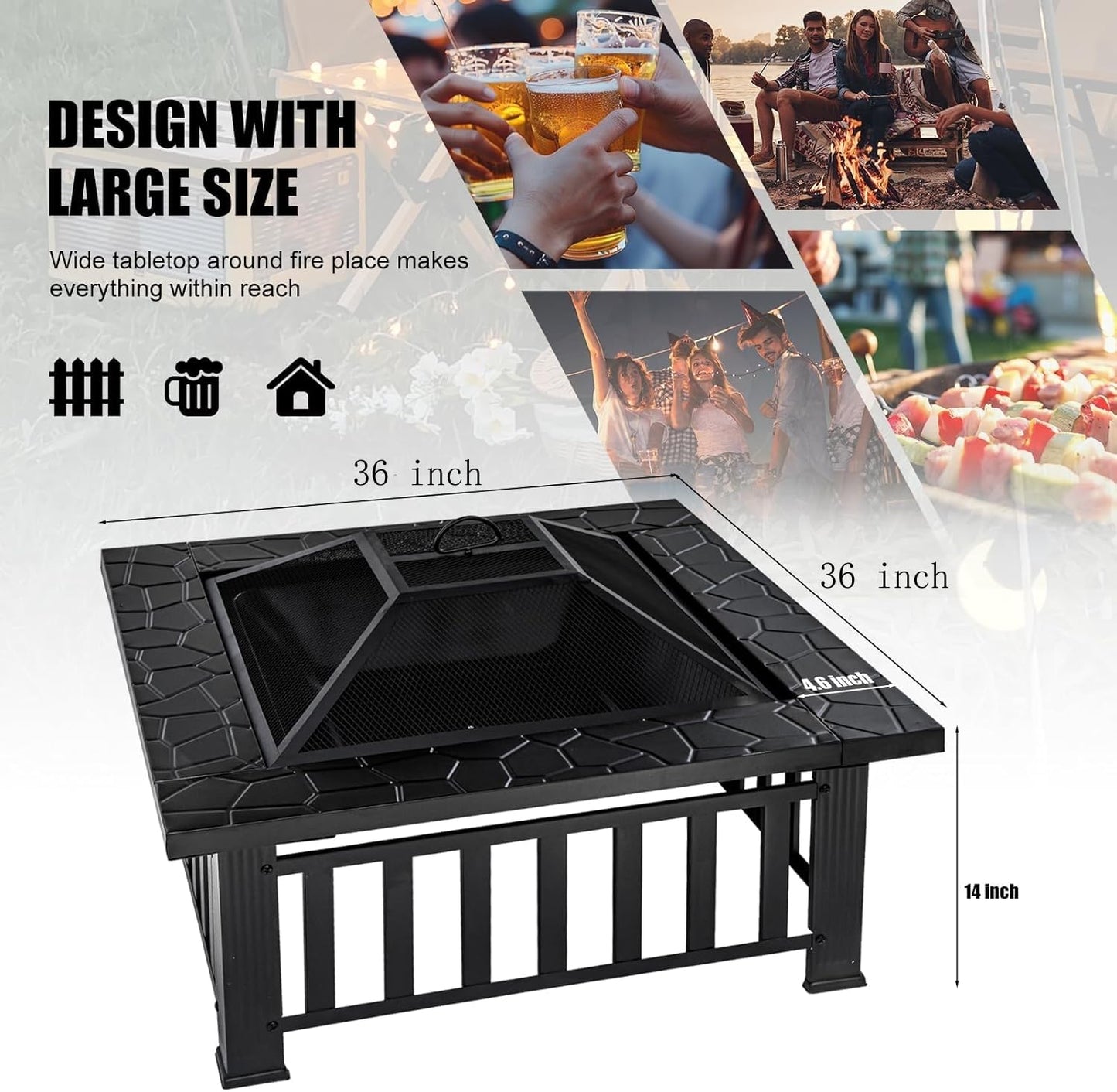 Panovue Fire Pit Table 32 Inch Square Metal Stove for Patio, Backyard, Garden | Multifunctional Outdoor Fireplace for Camping, Heating, Bonfire & Picnic