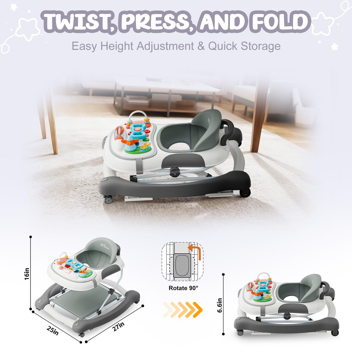 5-in-1 Foldable Baby Walker，Music and Lights Baby Walker with Wheels,Height Adjustable Infant Walker, with Activity Center, Rocker, Bouncer,Push Walker & Feeding Tray for Babies 6-18 Months (Gray)