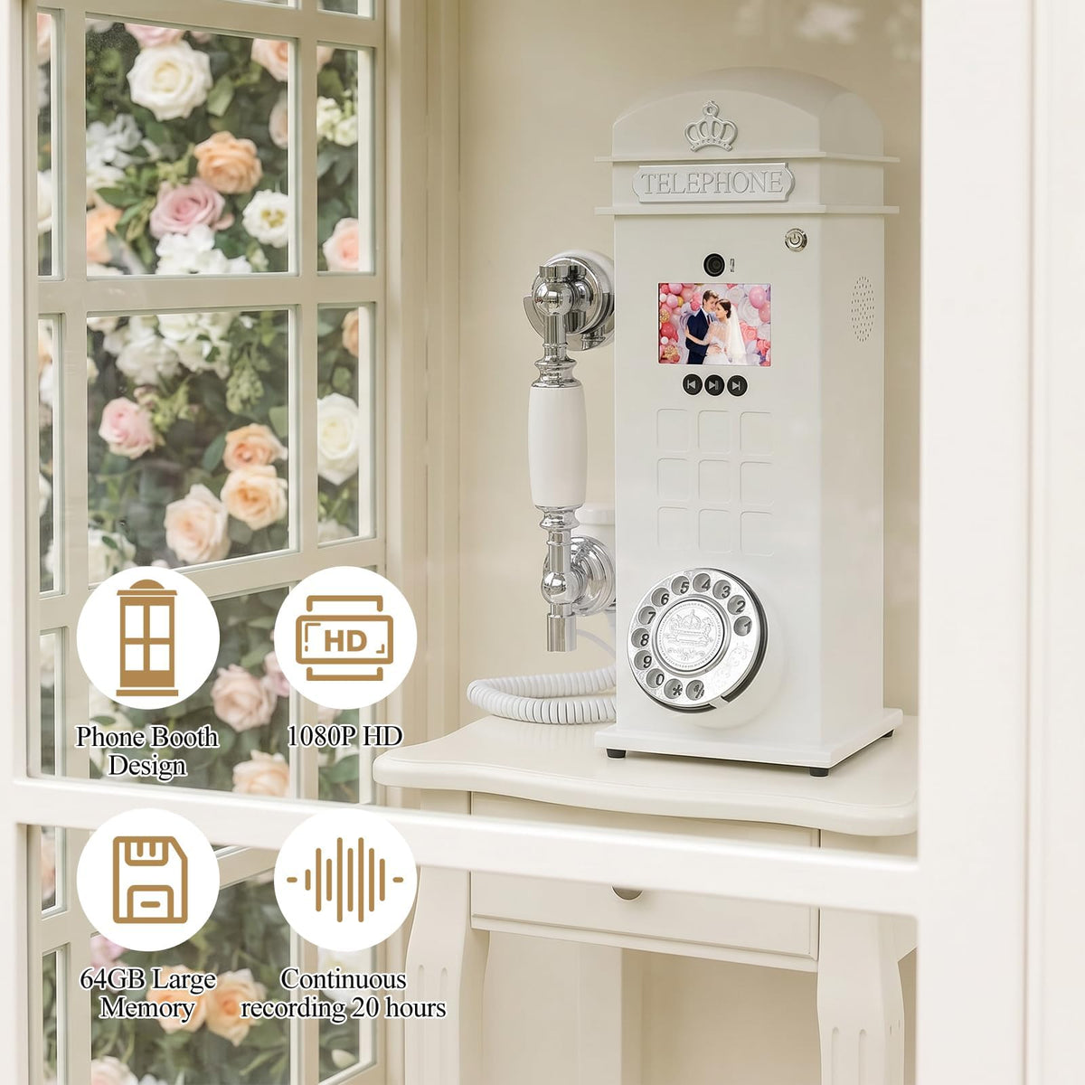 UKBW Video Audio Guest Book Wedding Phone, Record Customized Video Audio Messages, Preserve Your Special Occasions, Ideal for a Variety of Memorable Party Occasions(Crown White)