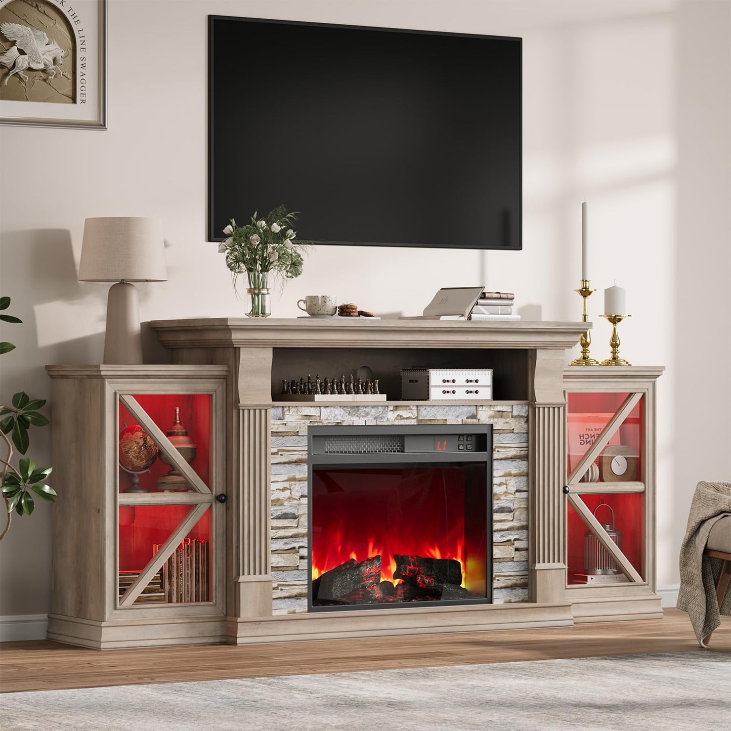 QUW Electric Fireplace TV Stand, 70" Farmhouse Entertainment Center with Open Shelf and Glass Barn Door Cabniet, Modern TV Console Table with 7 Flame Colors for Living Room, Grey