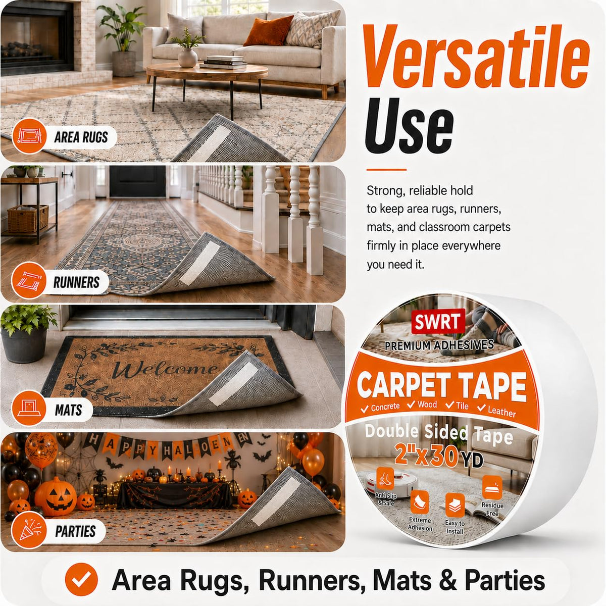 SWRT Double Sided Carpet Tape, 2 in x 30 Yards Rug Tape for Hardwood Floors