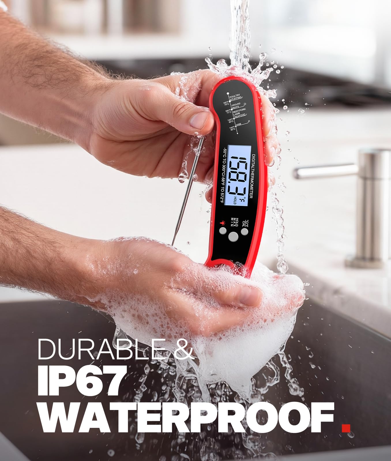 Meat Thermometer Digital – Instant Read Food Thermometer for Grilling, BBQ, Air Fryer, Smoker, Candy Making with Foldable Probe, Kitchen Gadgets, BBQ Essentials, Gift for Dad Men Husband Him, Red