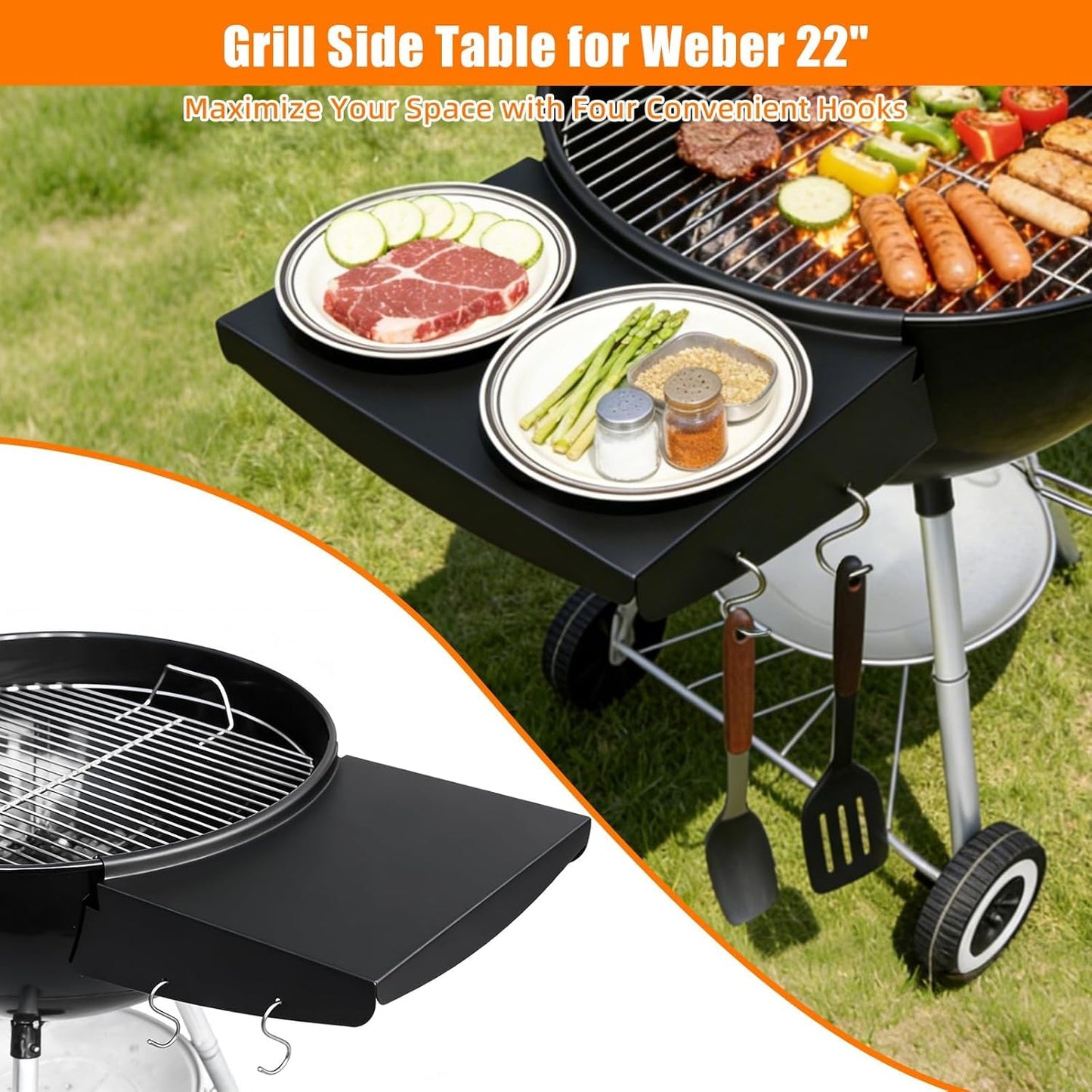 Uniflasy Side Table Shelf for Weber 22” Kettle Grills - Master Touch, Premium, Original Charcoal Grill Accessories, Black Steel with Hooks