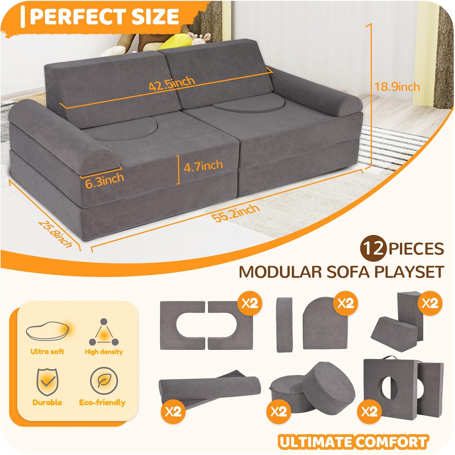 Winhomish 12-Piece Modular Kids Play Couch – Premium Soft Foam, Removable Cover, Comfortable & Safe Toddler Couch for Children 1-6 Years, Portable & Easy to Clean, Ideal for Living Room & Playroom