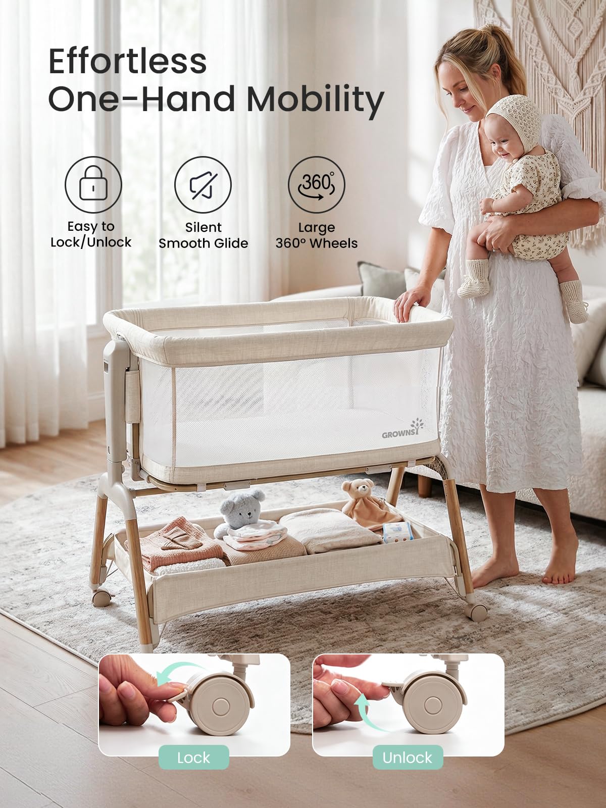 GROWNSY 5-in-1 Baby Bassinet Bedside Sleeper with Gentle Manual Rocking