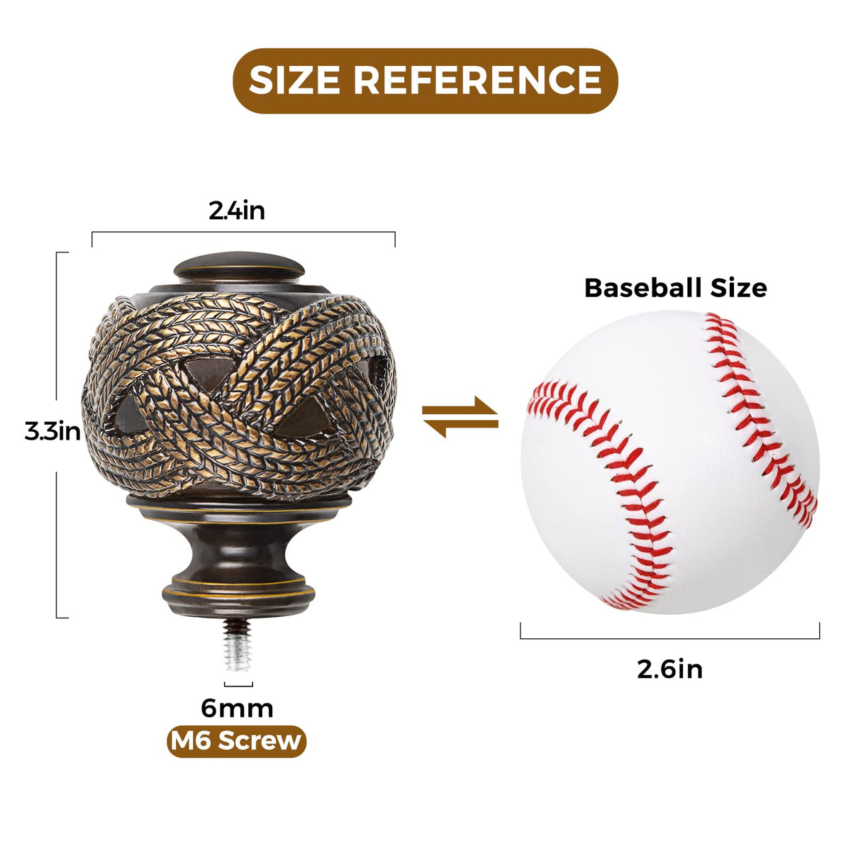USFOOK Window Treatment Finials for 1 or 7/8 Inch Curtain Rods, Bronze Drapery Rods Replacement Finials with M6 Screws, Woven Leaf Pattern, 2 Pack