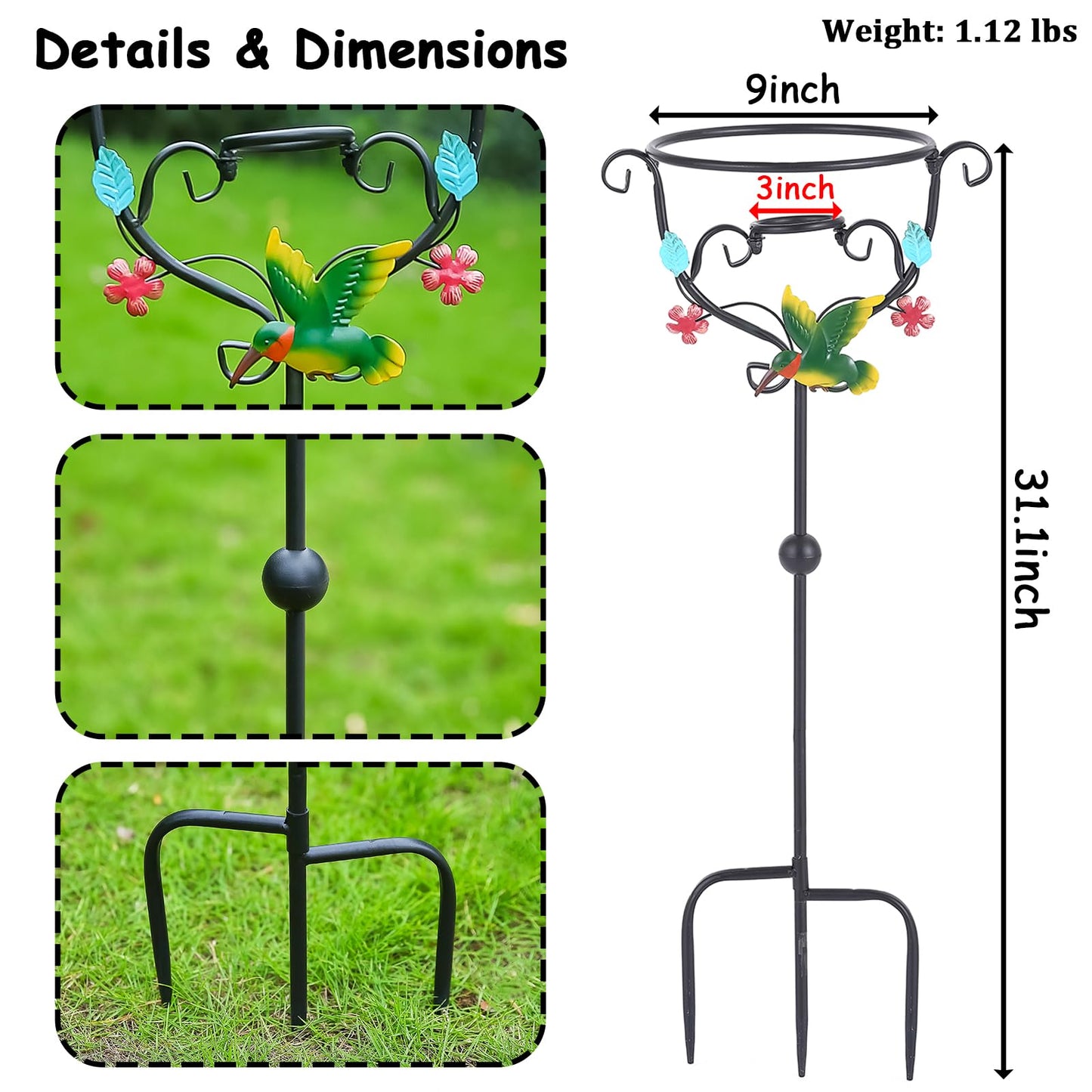 Hummingbird Gazing Globe Stand - 31.1" Metal Display with 3 Prongs Base for 10" Black Glass Balls - Outdoor Garden Yard Courtyard Lawn