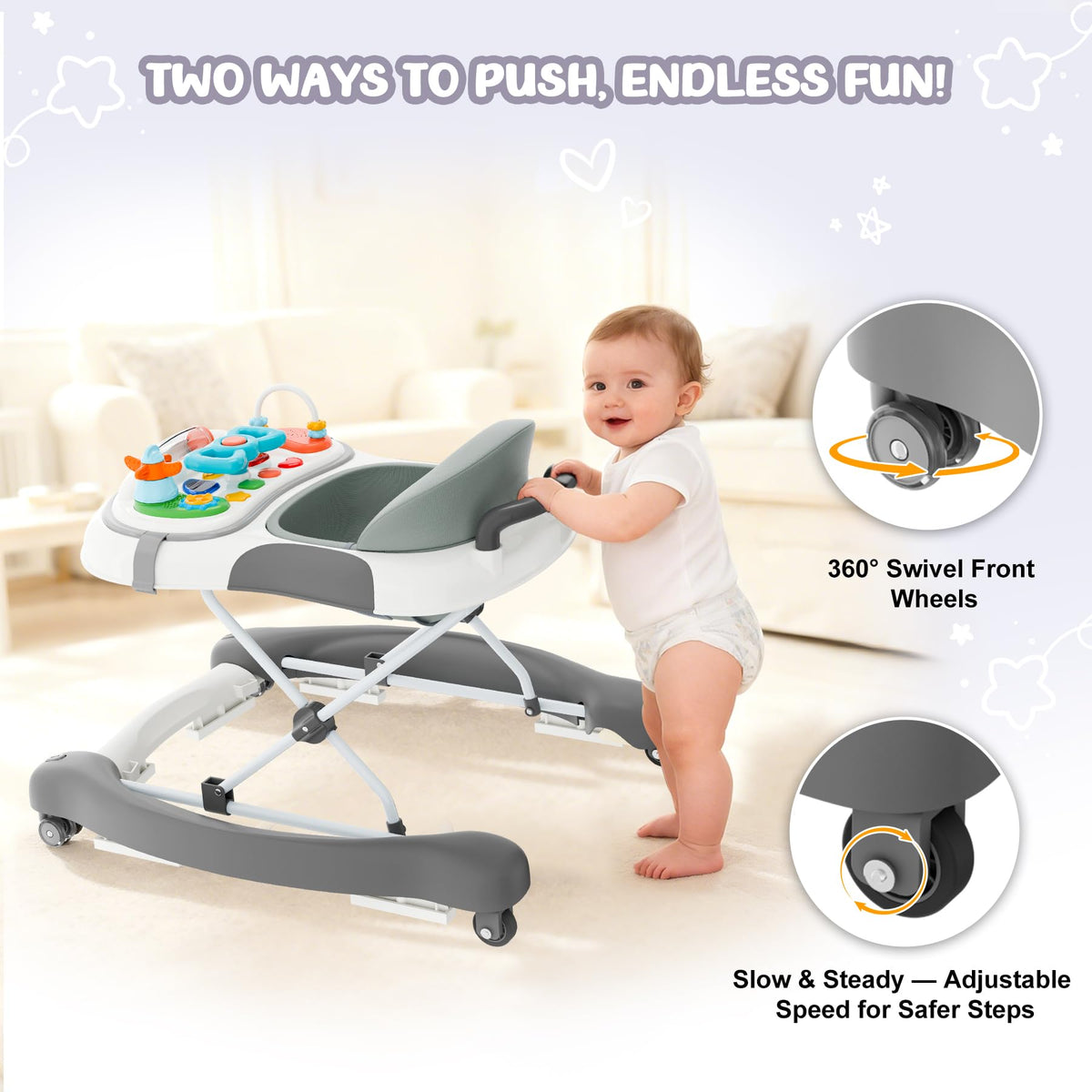 5-in-1 Foldable Baby Walker，Music and Lights Baby Walker with Wheels,Height Adjustable Infant Walker, with Activity Center, Rocker, Bouncer,Push Walker & Feeding Tray for Babies 6-18 Months (Gray)