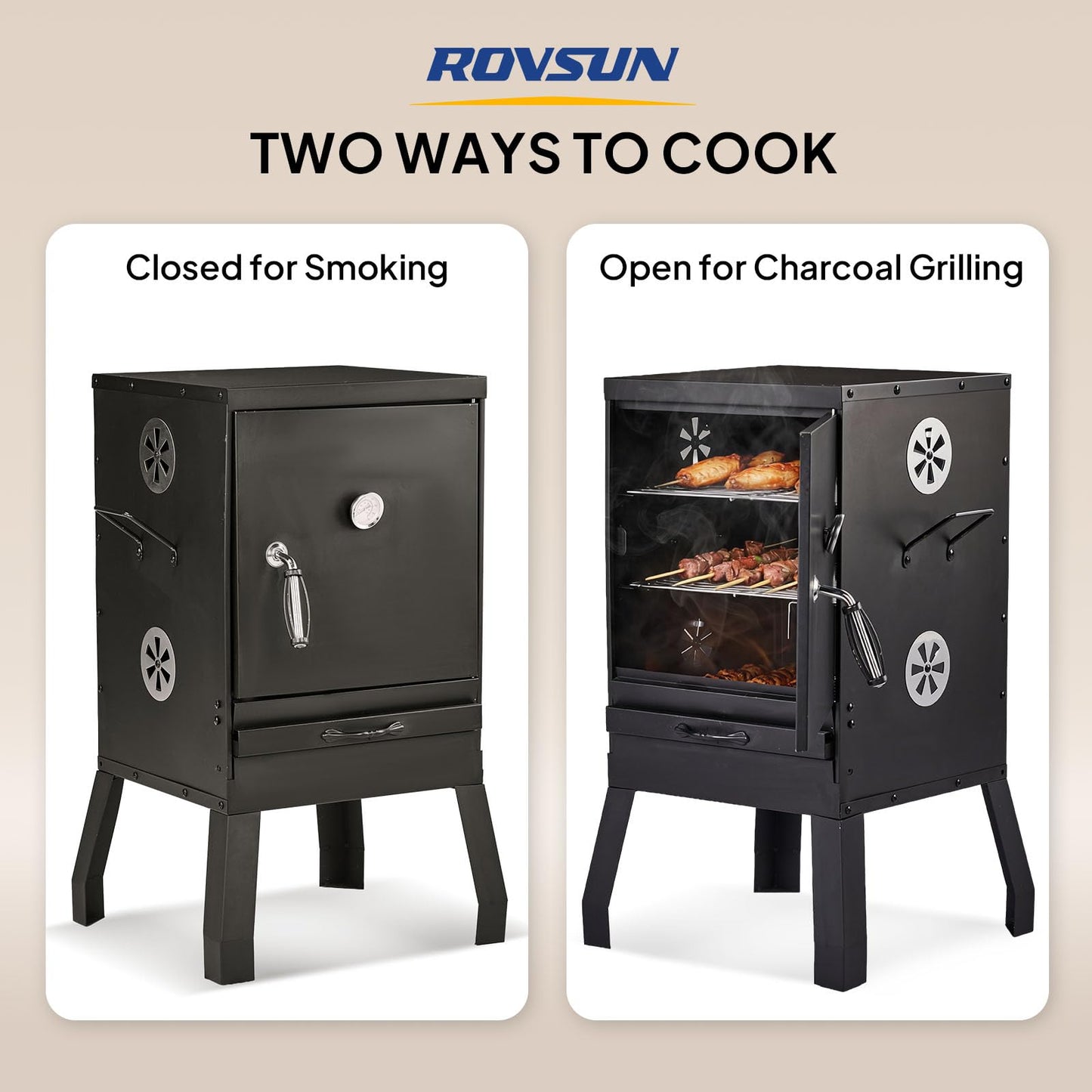 ROVSUN 2-in-1 Outdoor Smoker, Vertical Portable Charcoal Grill Smoker with Two Detachable Grill Smoking Racks and Charcoal Pan, Perfect for Camping Barbecue, Small Families, Black