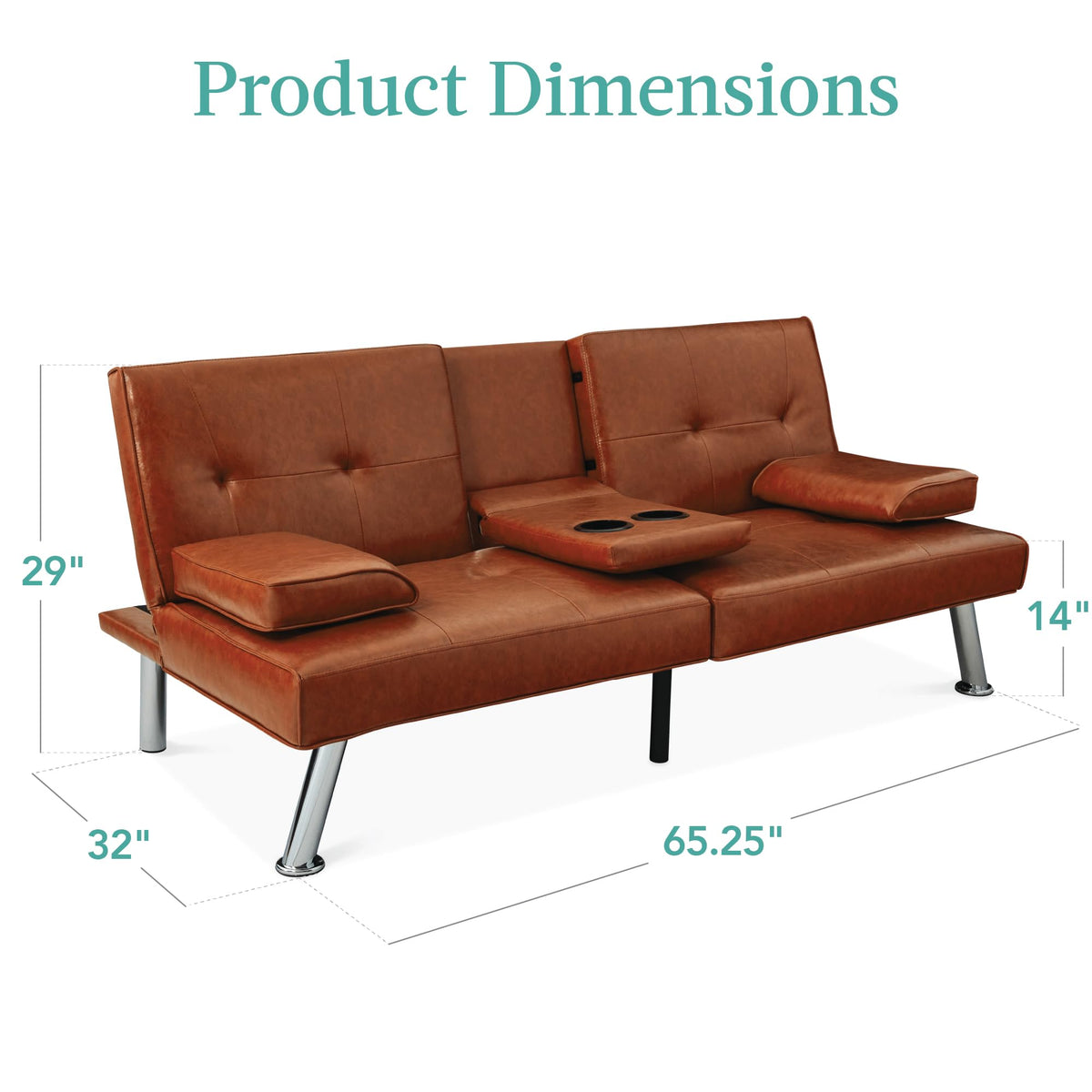 Best Choice Products Faux Leather Upholstered Modern Convertible Futon, Adjustable Folding Sofa Bed, Guest Bed w/Removable Armrests - Medium Brown