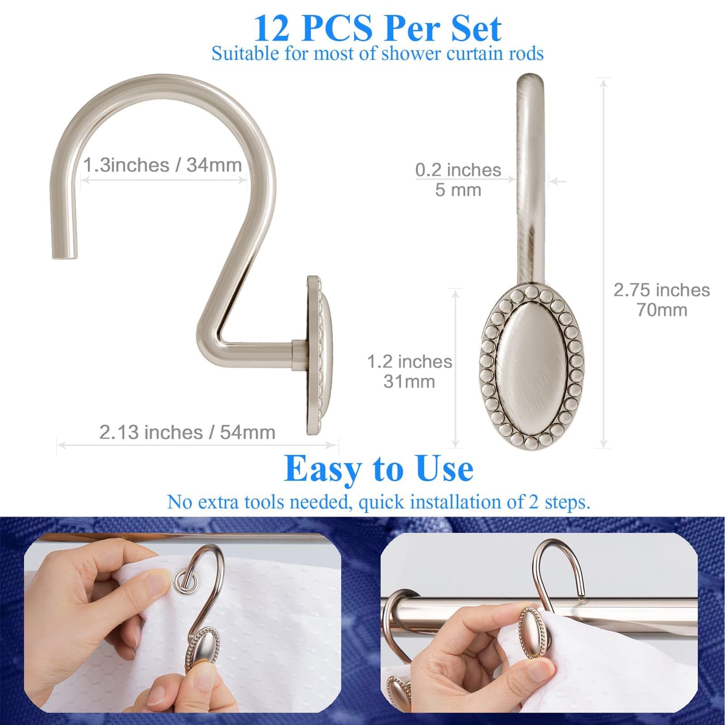 iToplin Brushed Nickel Shower Curtain Hooks, Decorative Shower Curtain Rings, Rust Resistant Metal Shower Hooks for Bathroom, Rust Proof Shower Hooks Hangers for Shower Curtain Rod, Set of 12