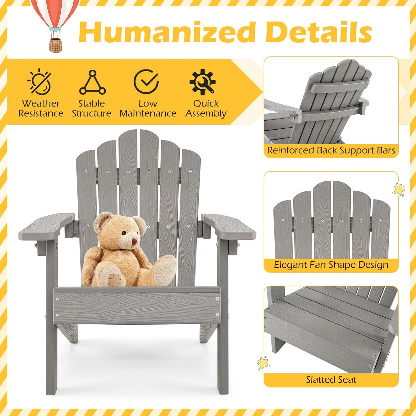 Costzon Kids Adirondack Chair, All-Weather HIPS Toddler Outdoor Chair, Wooden Textured Plastic Fire Pit Chair, Kids Patio Chair for Backyard Lawn Garden, Fits Children Age 3-7 Years (1, Gray)